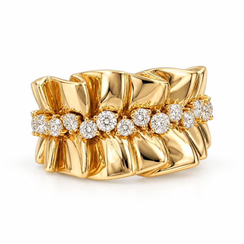IGI 1.437ct Lab-Grown Round Diamond Cocktail Ring with Sculptural Ribbon-Style Wide Band, 18K Yellow Gold