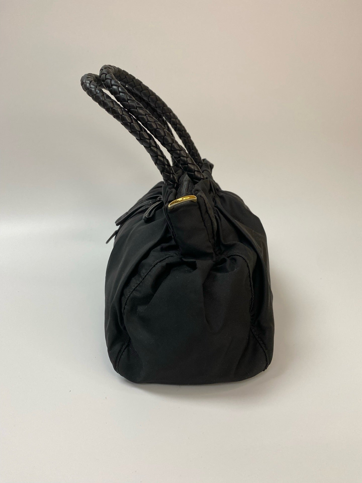 J2959 Prada Top Handle Bag Bow Logo Nylon Shoulder Bag In Balck Gold | Pre-Owned Black Logo Nylon