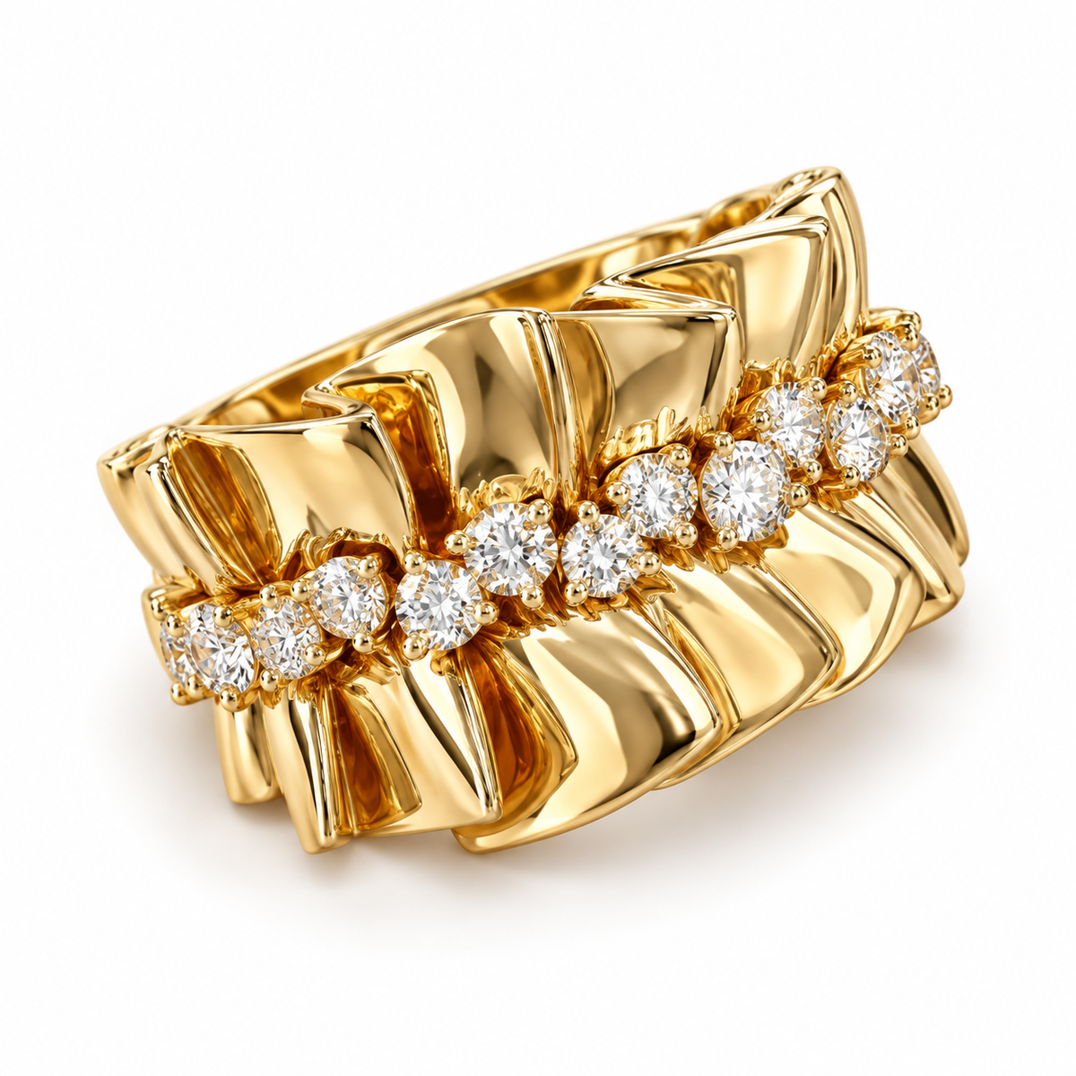 IGI 1.437ct Lab-Grown Round Diamond Cocktail Ring with Sculptural Ribbon-Style Wide Band, 18K Yellow Gold