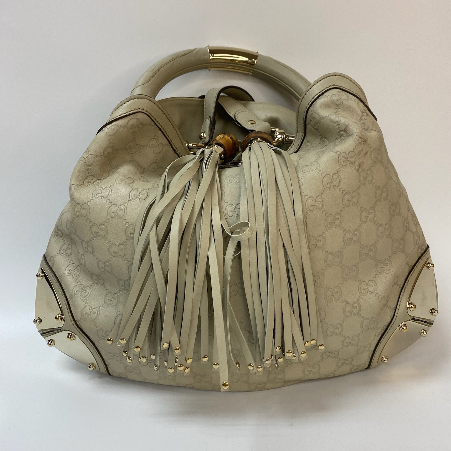 J2956 Gucci Shoulder Bag indy Leather Shoulder Bag Ivory Hobo Tassel Bamboo | Pre-Owned  Ivory Plain Leather