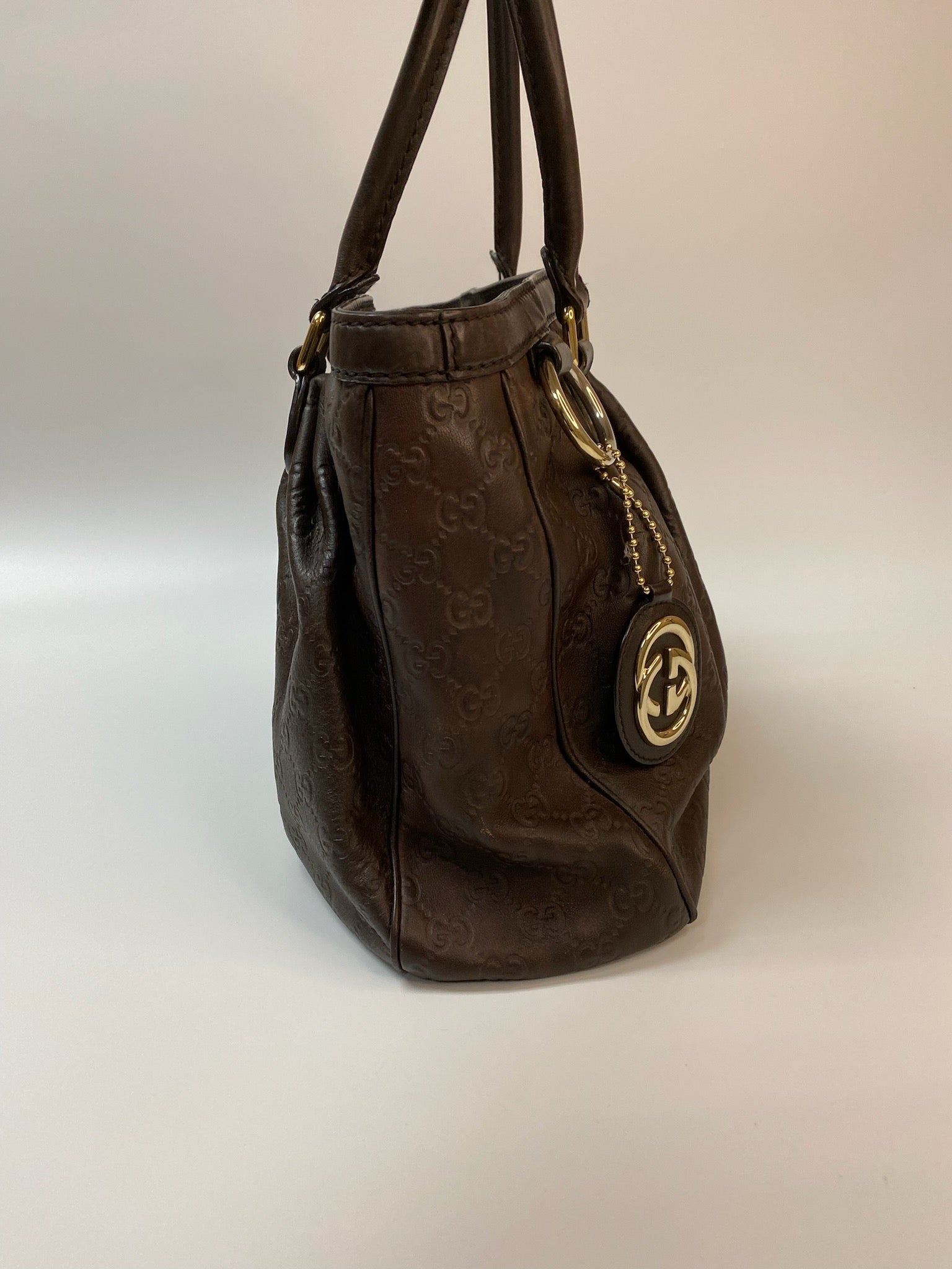 J2857 Gucci Tote Bag Dark Brown Guccisima Leather Sukey Tote | Pre-Owned Dark Brown Leather Guccissima
