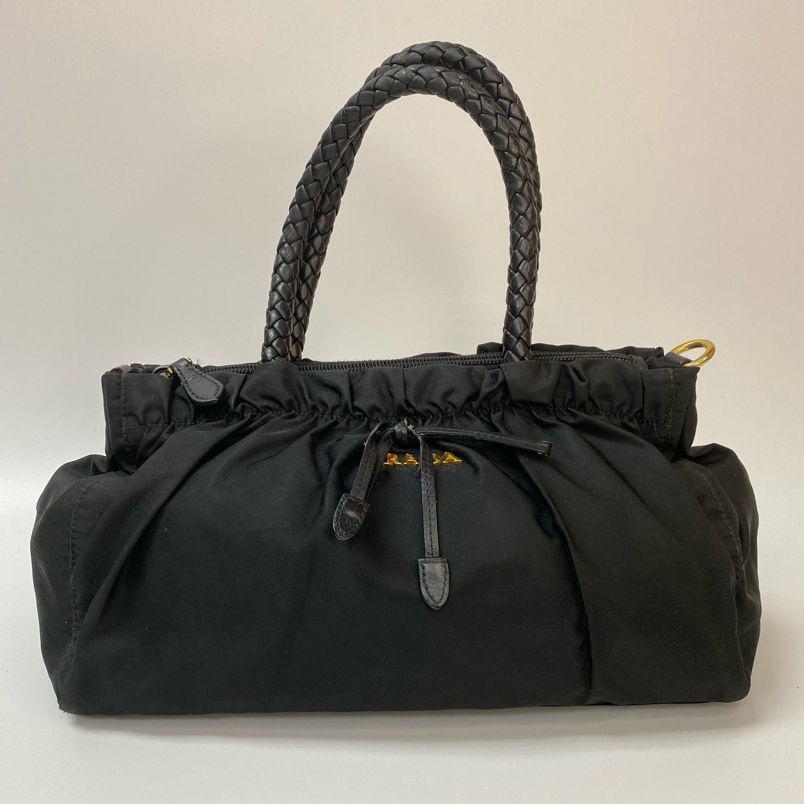 J2959 Prada Top Handle Bag Bow Logo Nylon Shoulder Bag In Balck Gold | Pre-Owned Black Logo Nylon