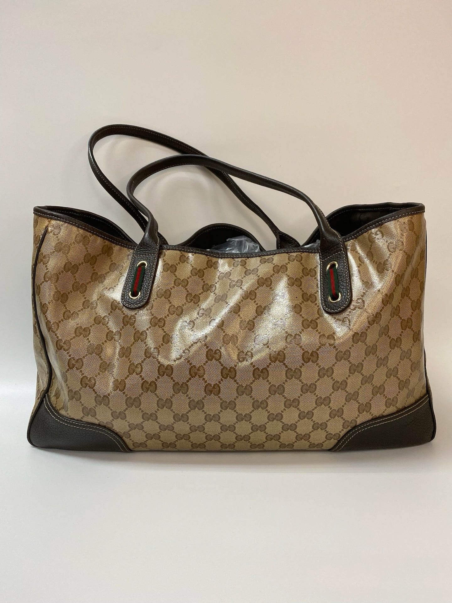 J2881 Gucci Tote Bag Beige GG Crystal Canvas and Leather Large Princy Tote | Pre-Owned Beige Canvas, Leather, Crystal/GG