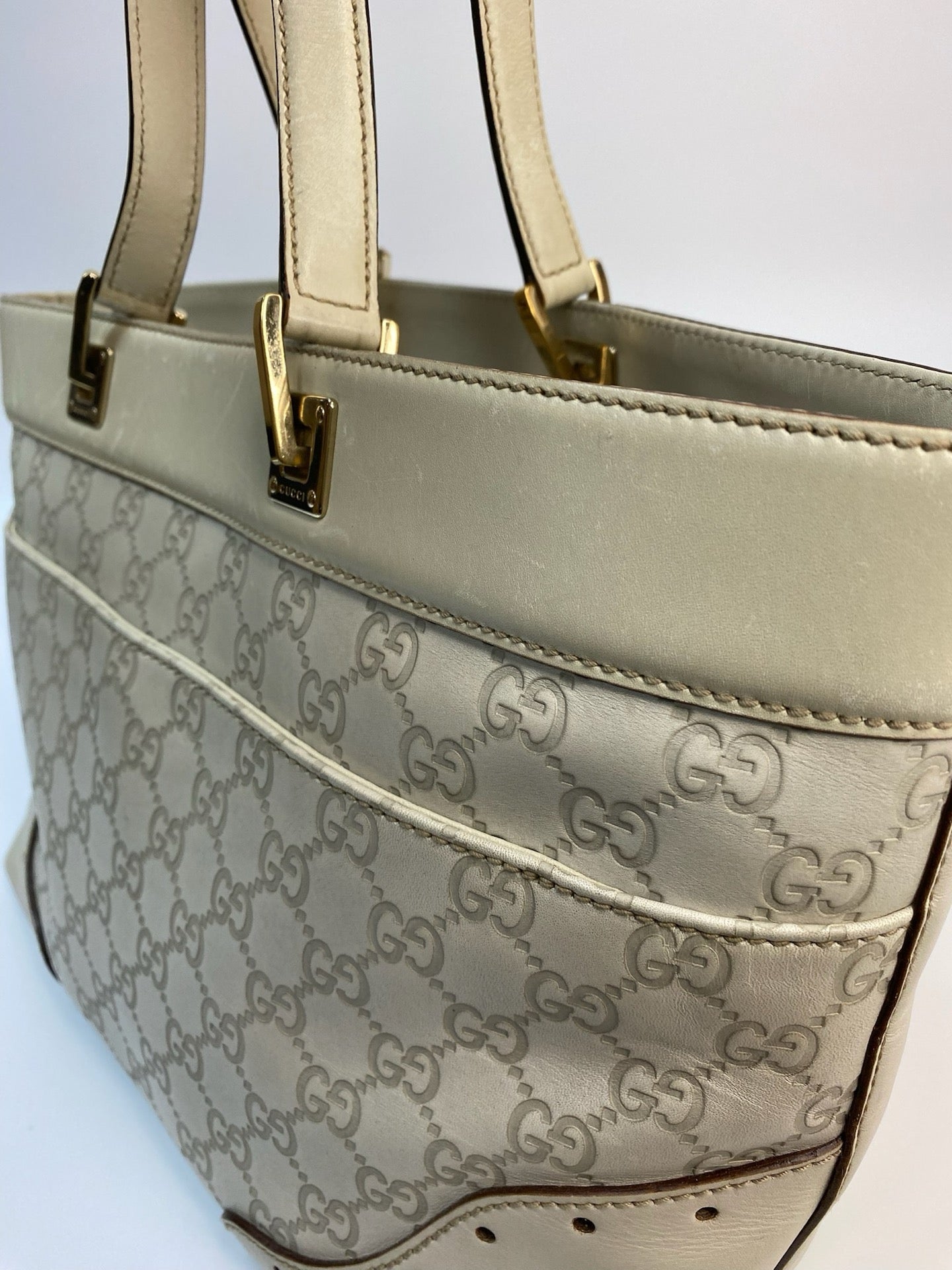 J2858 Gucci Tote Bag Guccisima White Tote Bag | Pre-Owned White Leather Guccissima
