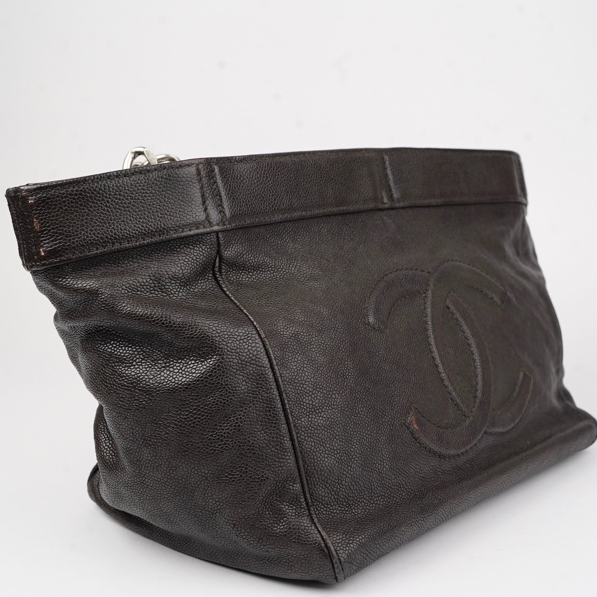 J1436 CHANEL Dark Brown Aged Caviar Leather Tote Bag- Pre Owned