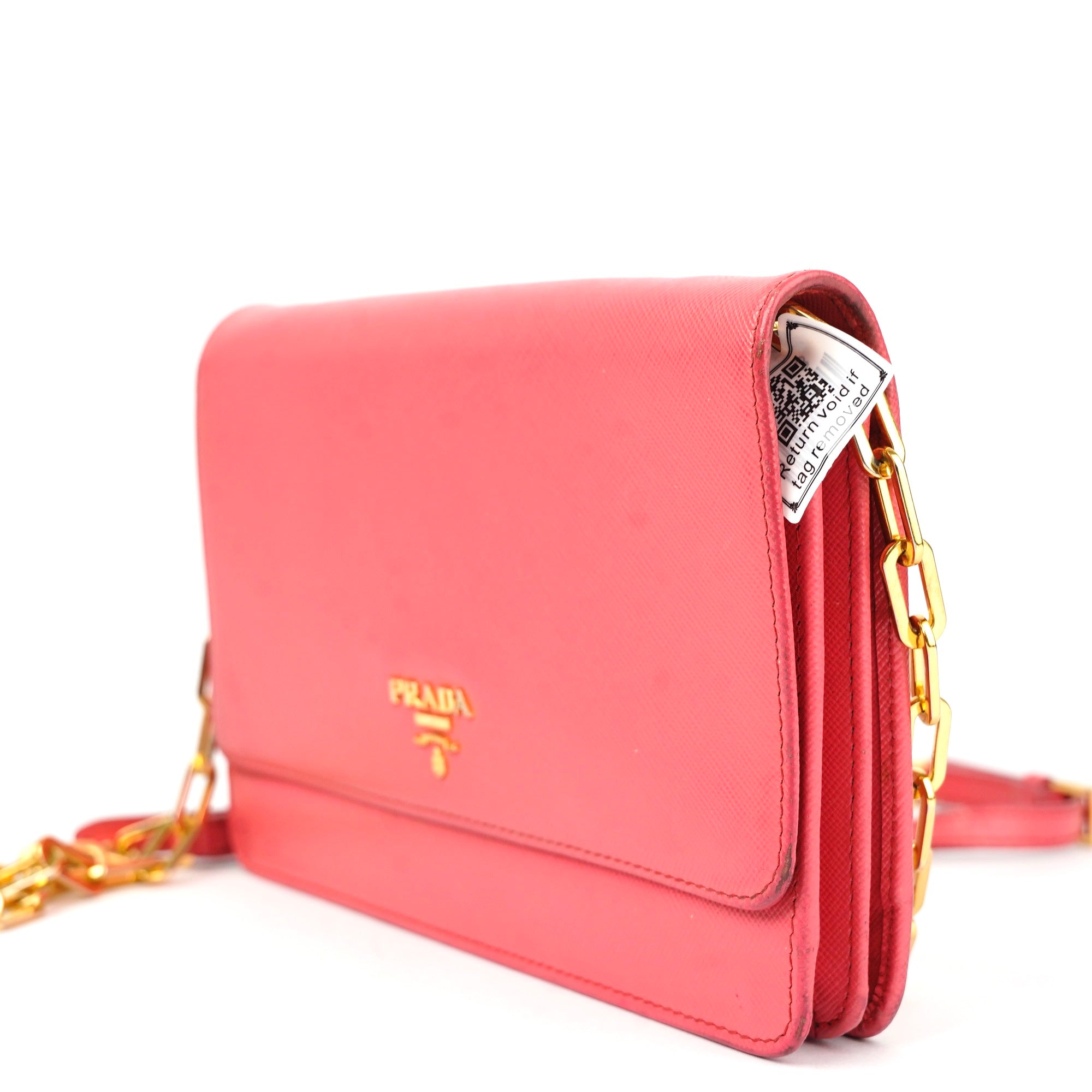 J1423 Prada Fragola Saffiano Metal Leather Wallet on Chain Clutch- Pre Owned
