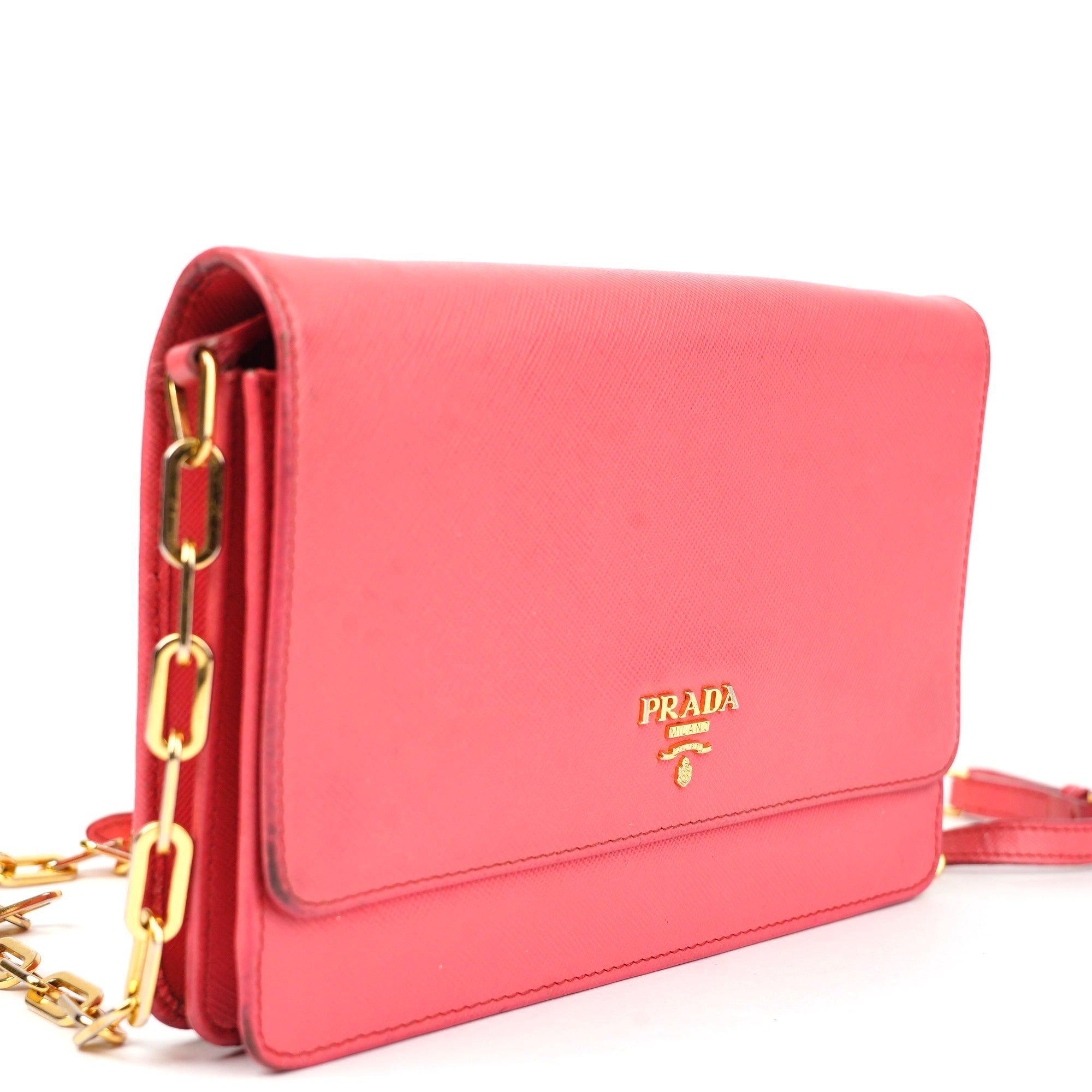 J1423 Prada Fragola Saffiano Metal Leather Wallet on Chain Clutch- Pre Owned