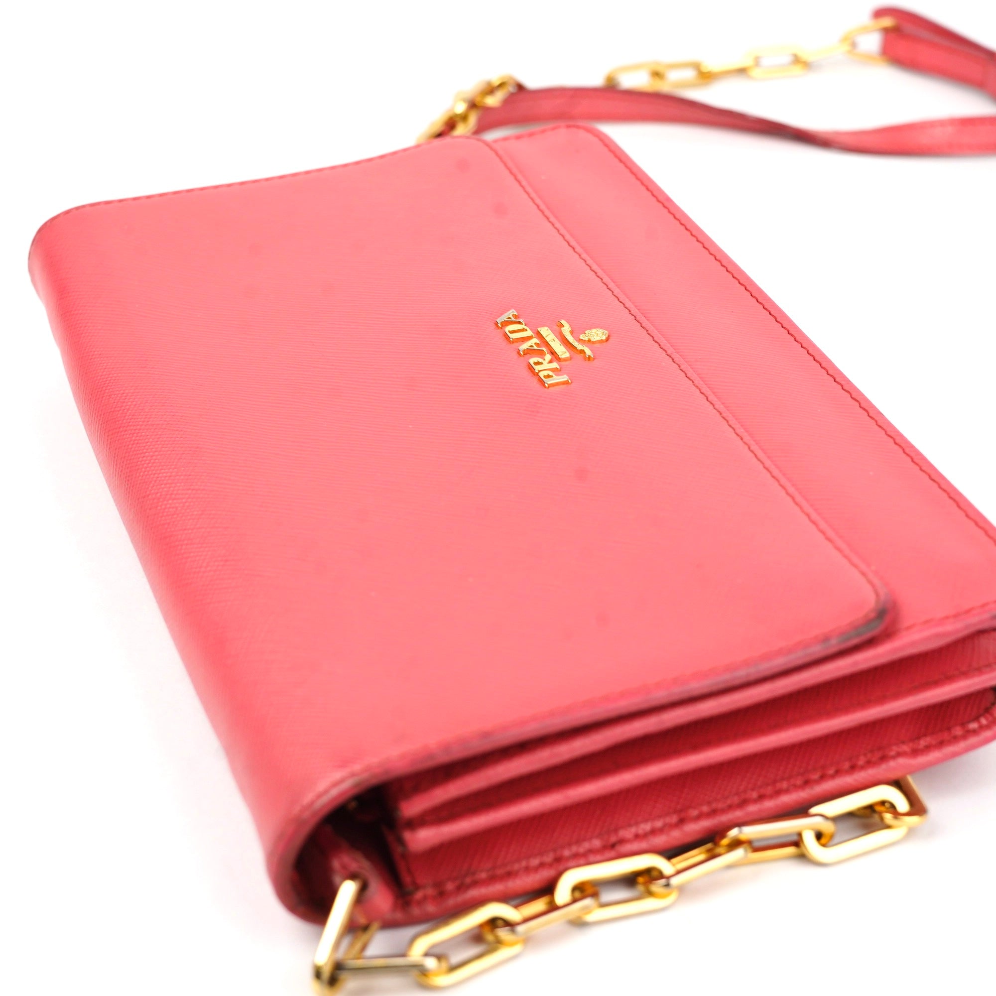 J1423 Prada Fragola Saffiano Metal Leather Wallet on Chain Clutch- Pre Owned