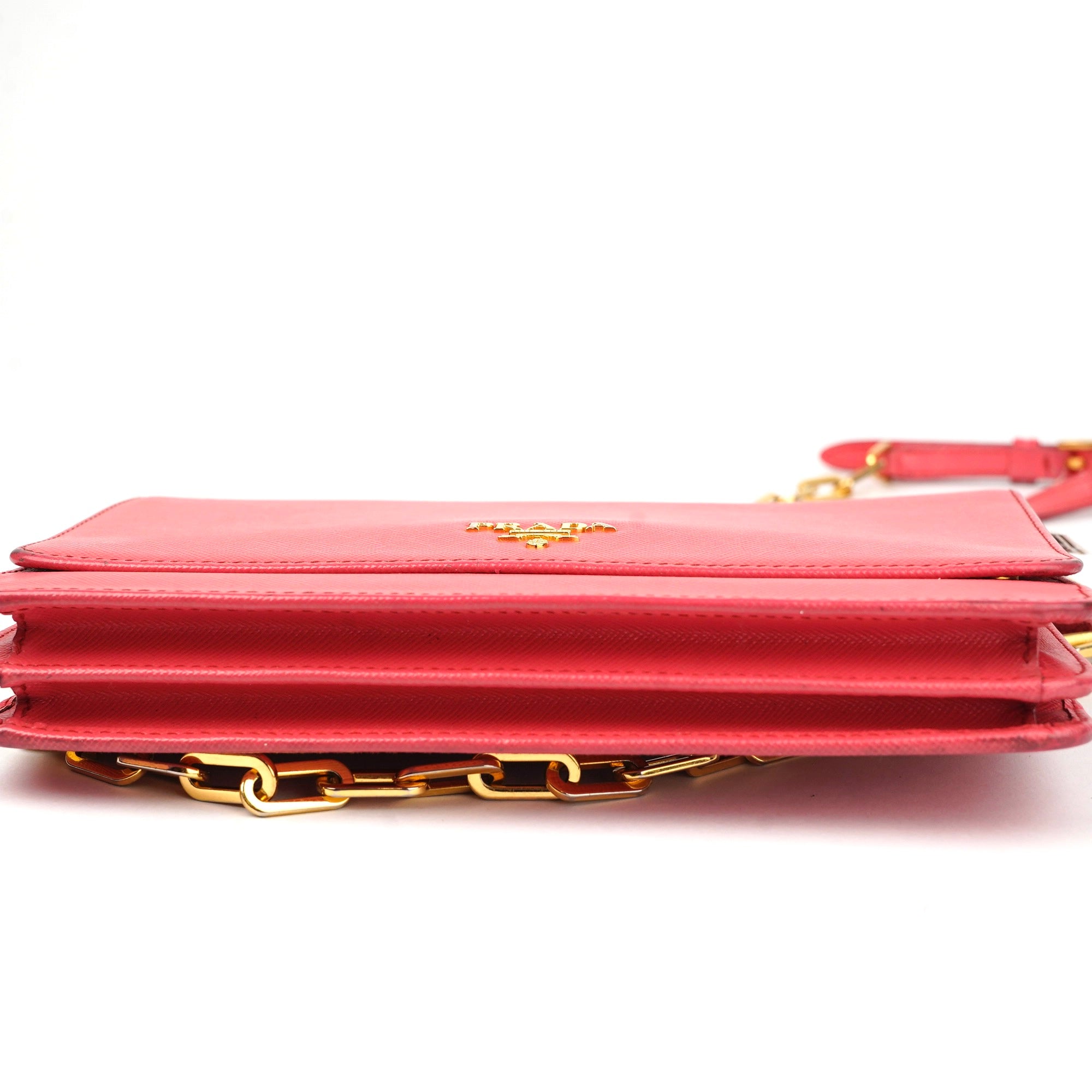 J1423 Prada Fragola Saffiano Metal Leather Wallet on Chain Clutch- Pre Owned