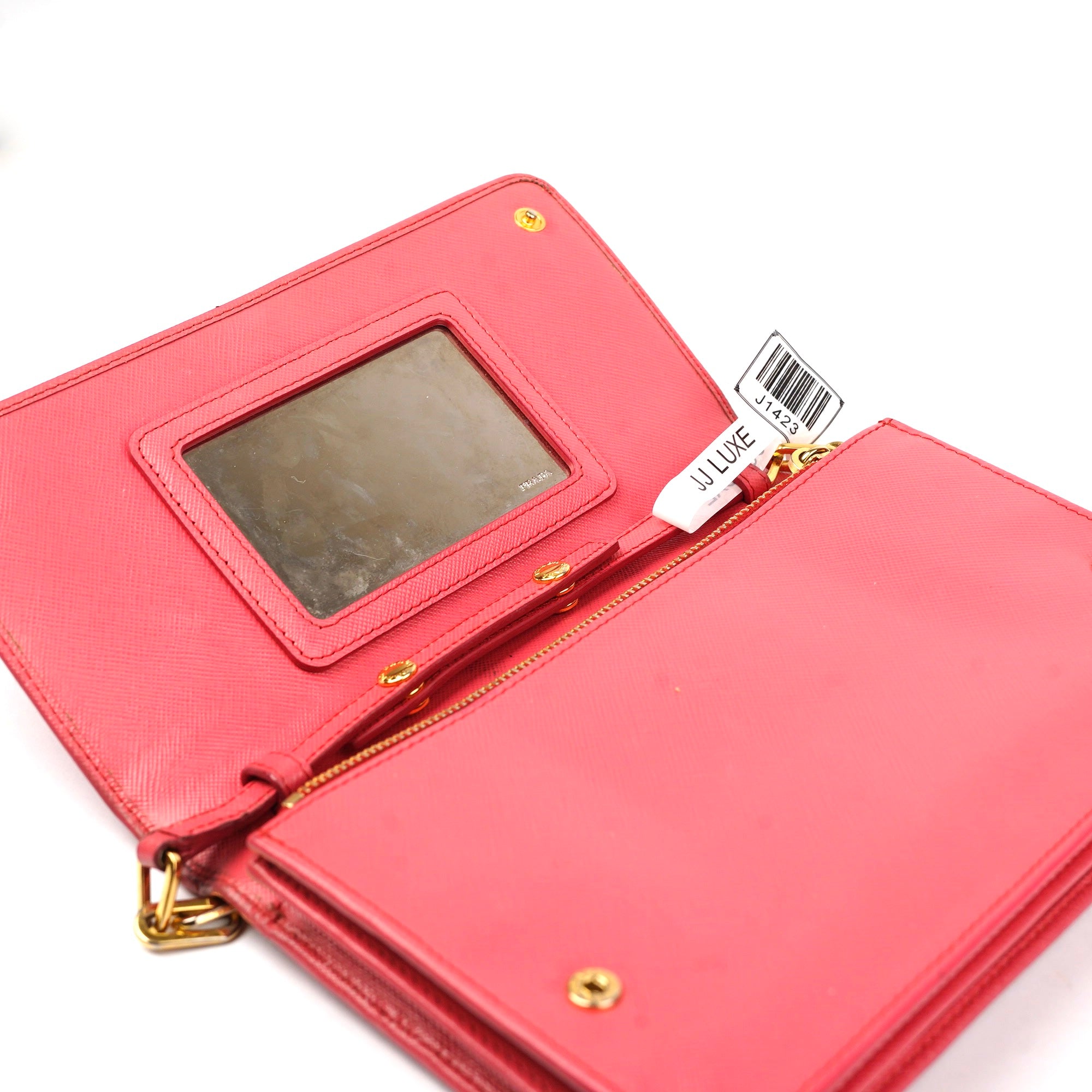 J1423 Prada Fragola Saffiano Metal Leather Wallet on Chain Clutch- Pre Owned