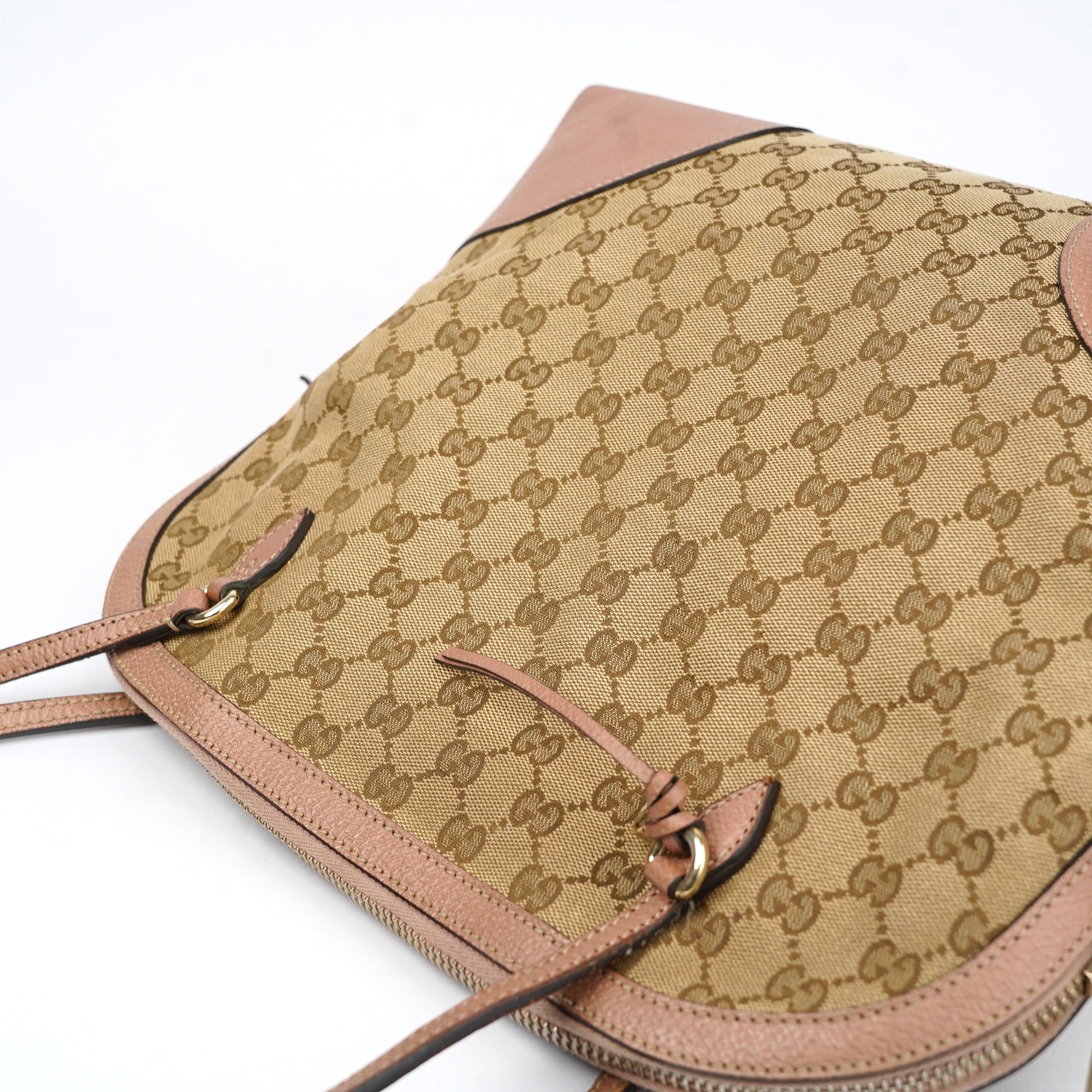 J1397 Gucci GG Canvas Tote Bag Pink Beige Khaki Leather- Pre Owned