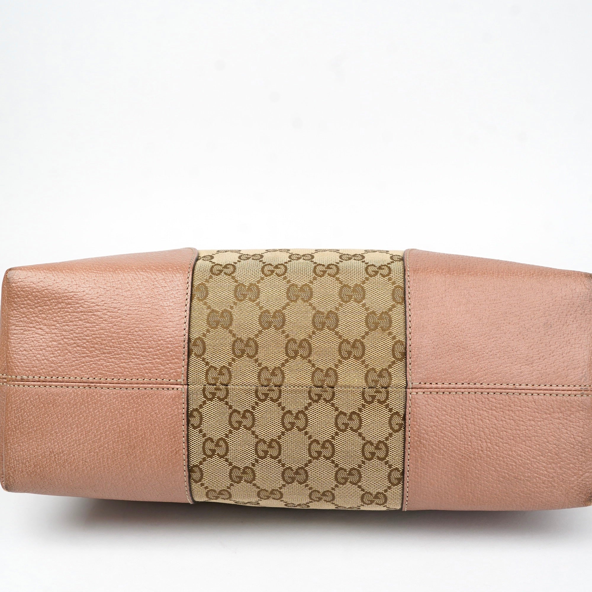 J1397 Gucci GG Canvas Tote Bag Pink Beige Khaki Leather- Pre Owned