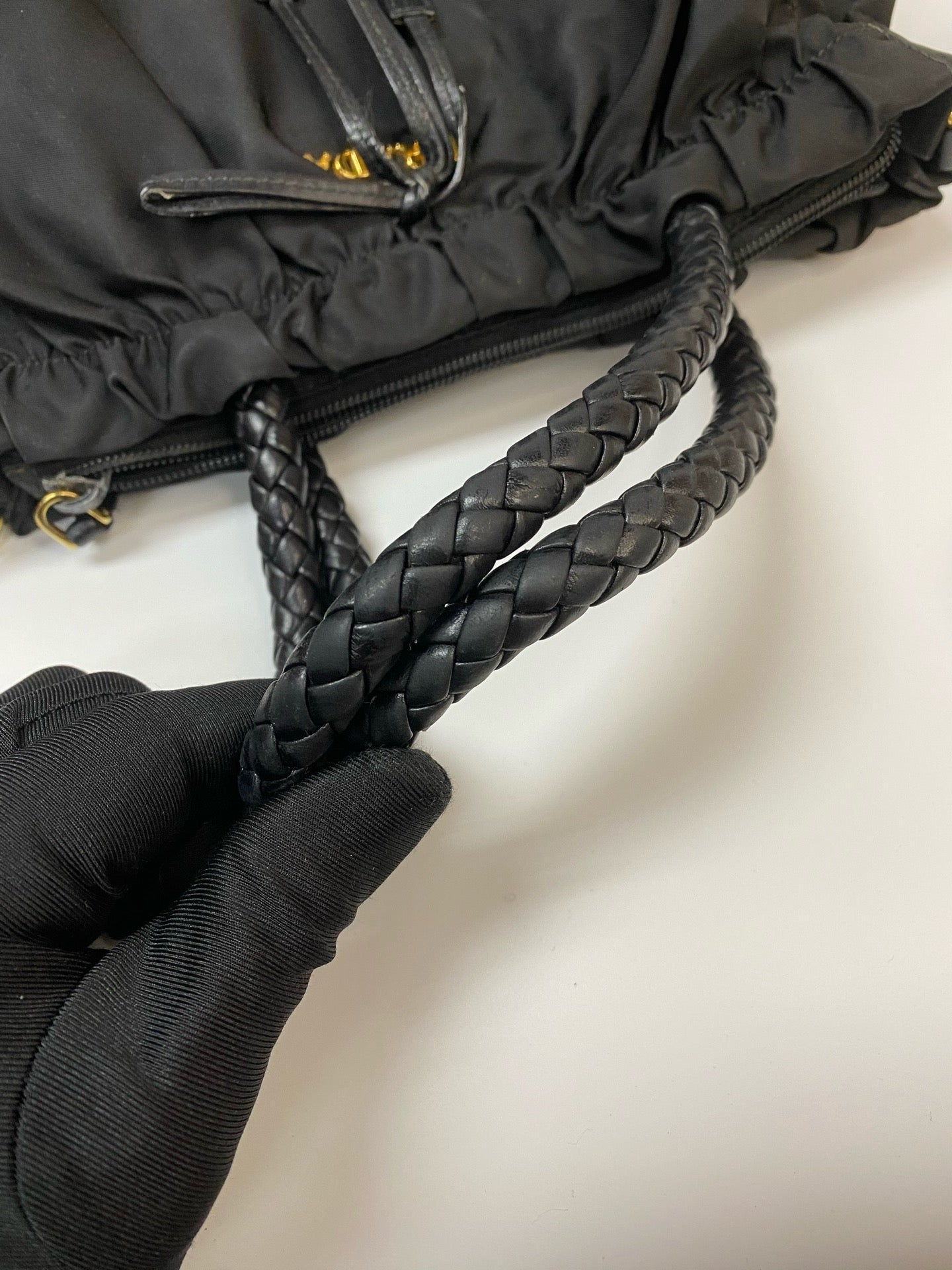 J2959 Prada Top Handle Bag Bow Logo Nylon Shoulder Bag In Balck Gold | Pre-Owned Black Logo Nylon