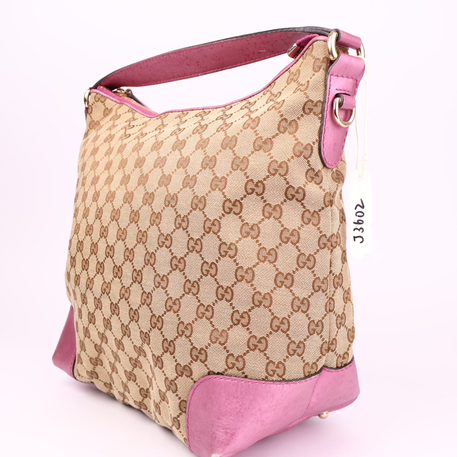 J3602 Gucci Beige/Pink GG Canvas Heart-Bit Hobo Bag- Pre Owned