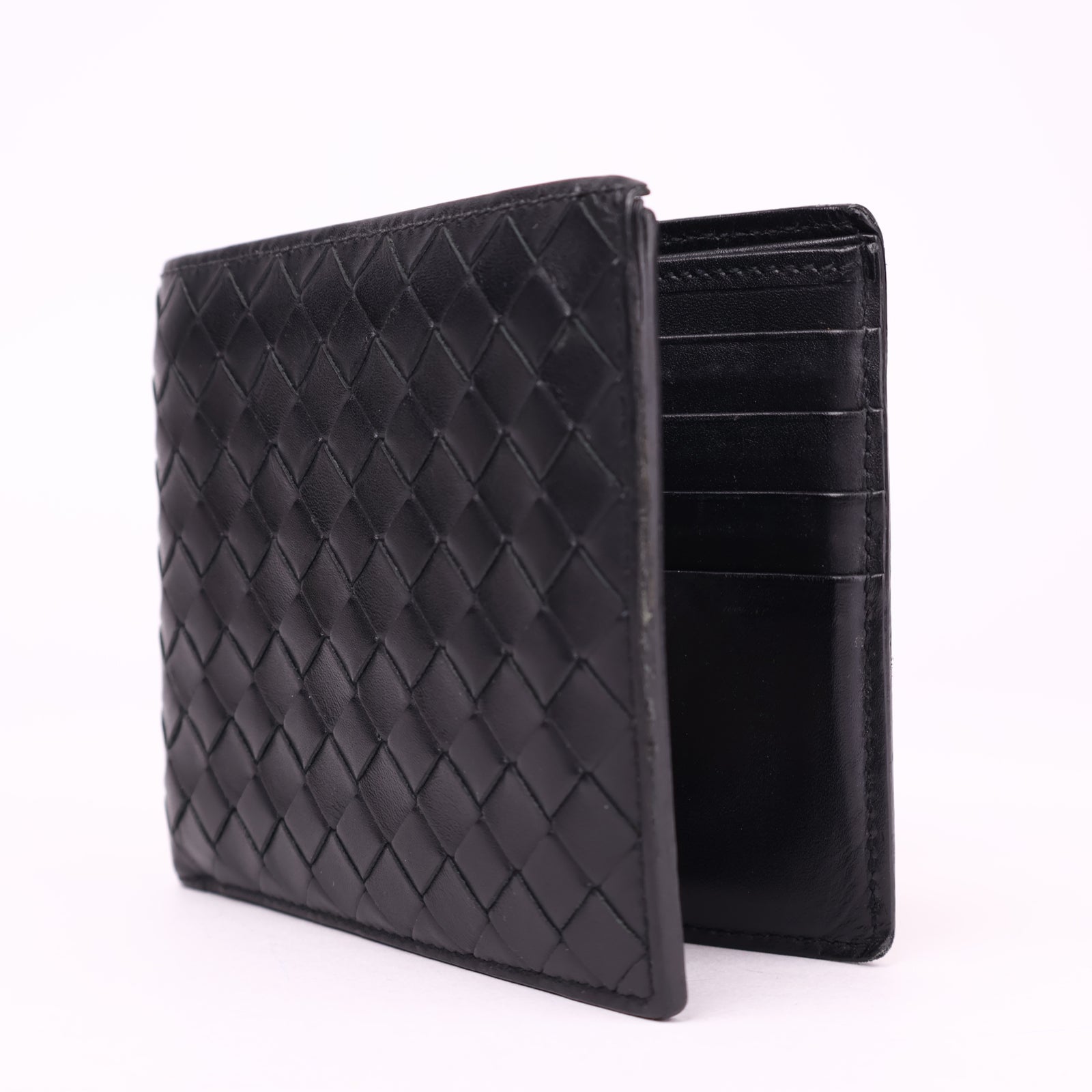 J3599 Bottega Veneta Black Intrecciato Leather Bifold Wallet- Pre Owned