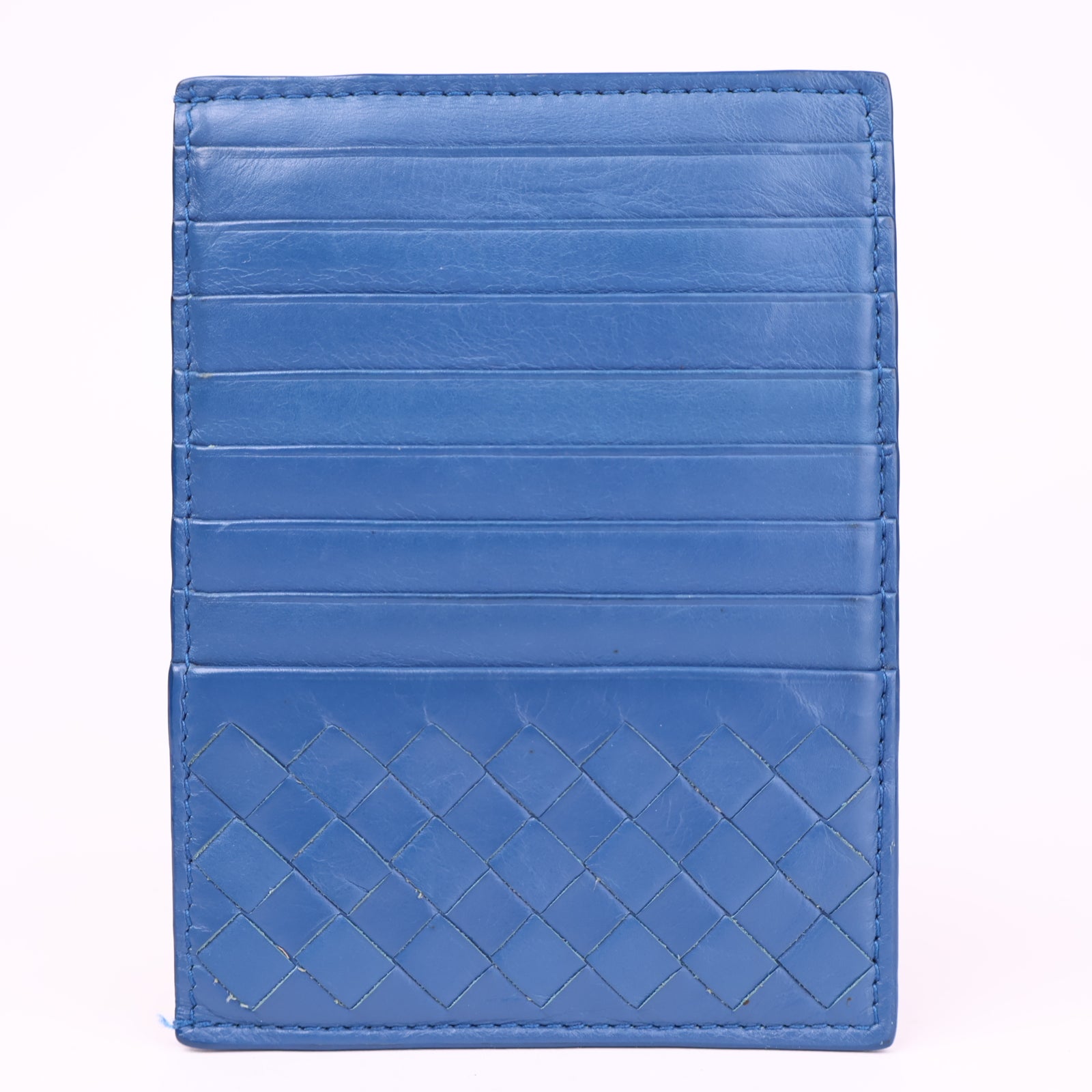 J3598 Bottega Veneta Blue Intrecciato Woven Leather Card Holder- Pre Owned