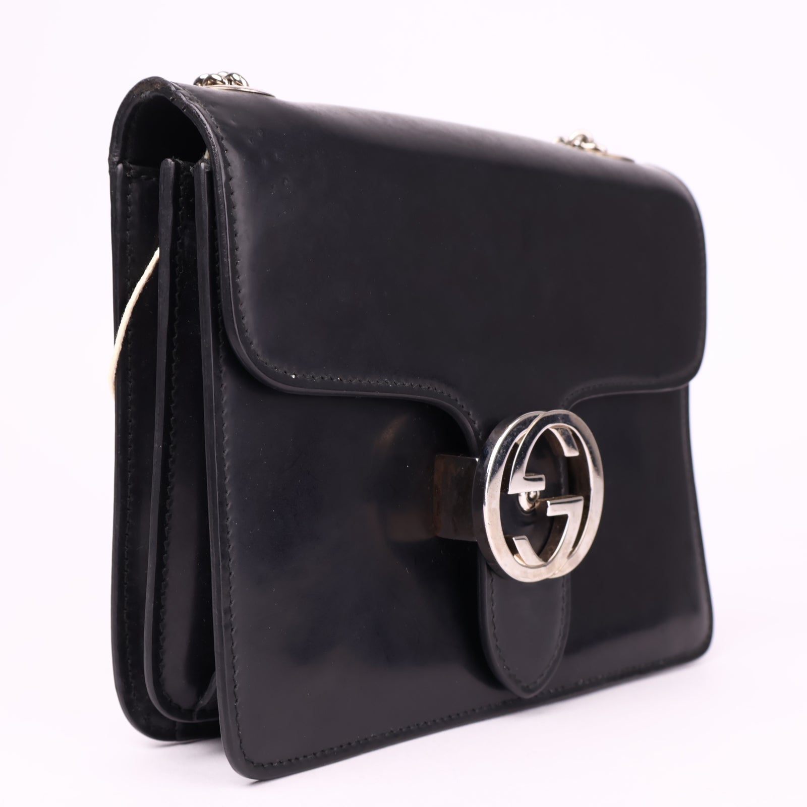 J3591 Gucci Black Leather Medium Interlocking G Shoulder Bag- Pre Owned