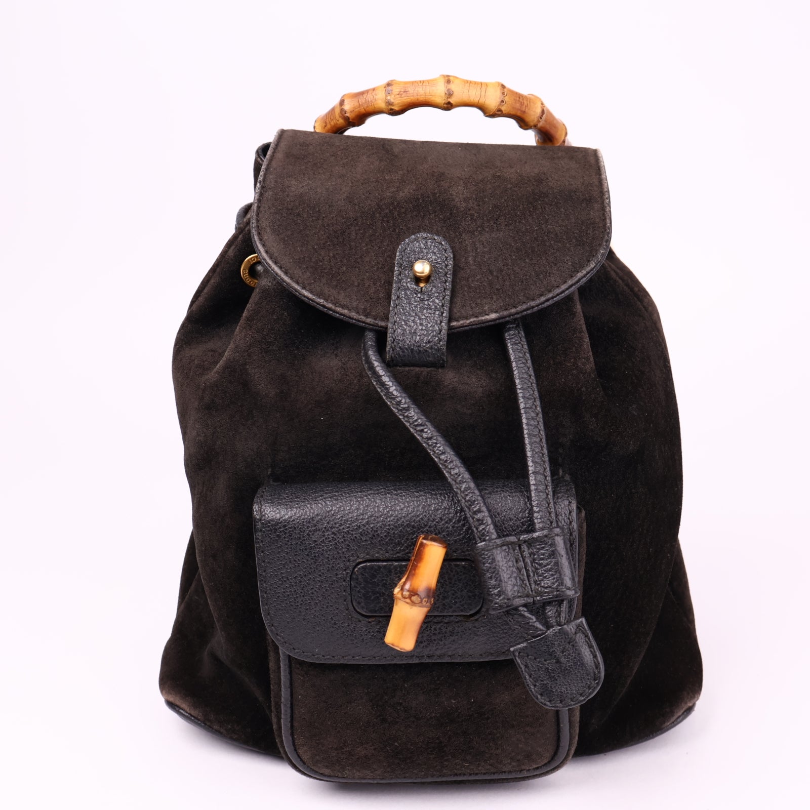 J3621 Gucci Black Suede Bamboo Handle Backpack- Pre Owned