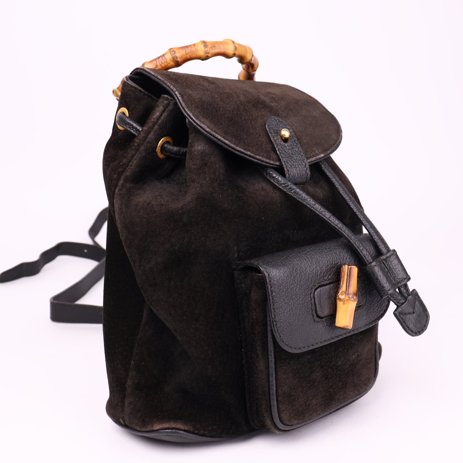 J3621 Gucci Black Suede Bamboo Handle Backpack- Pre Owned