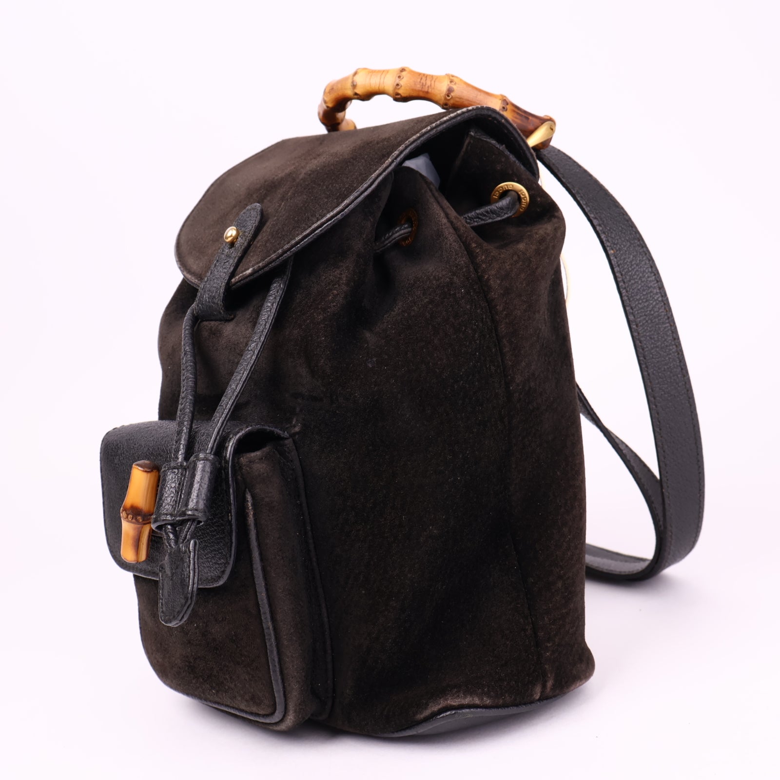 J3621 Gucci Black Suede Bamboo Handle Backpack- Pre Owned