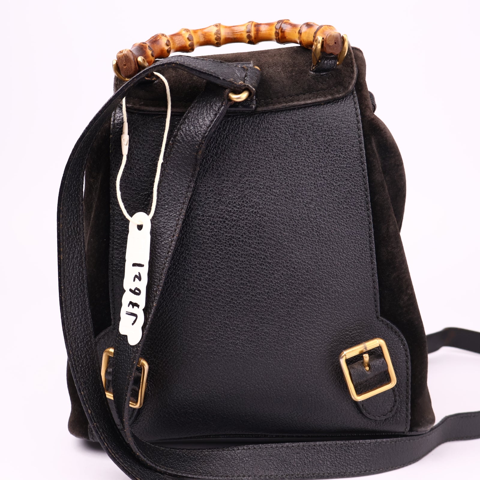 J3621 Gucci Black Suede Bamboo Handle Backpack- Pre Owned