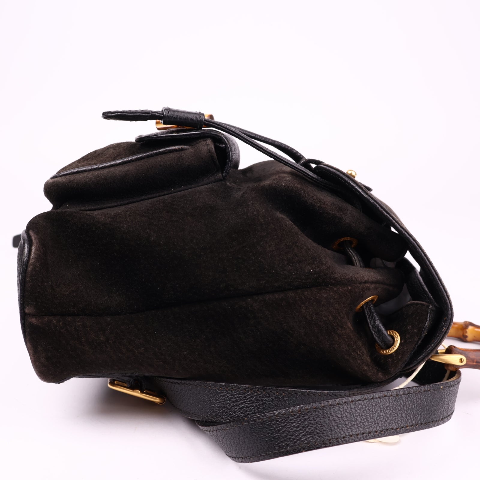 J3621 Gucci Black Suede Bamboo Handle Backpack- Pre Owned