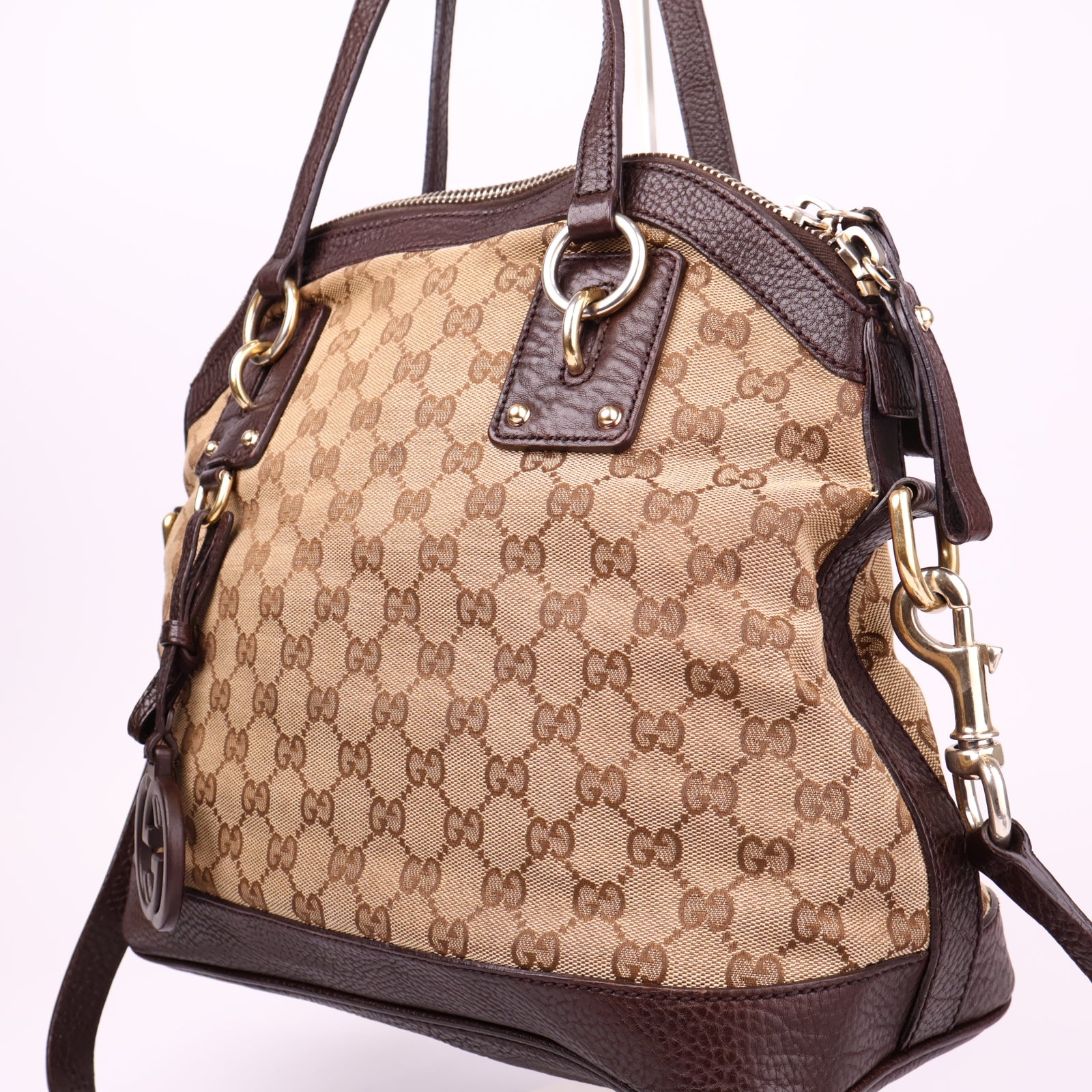 J3634 Gucci Beige/Brown GG Canvas and Leather Charm Satchel- Pre Owned