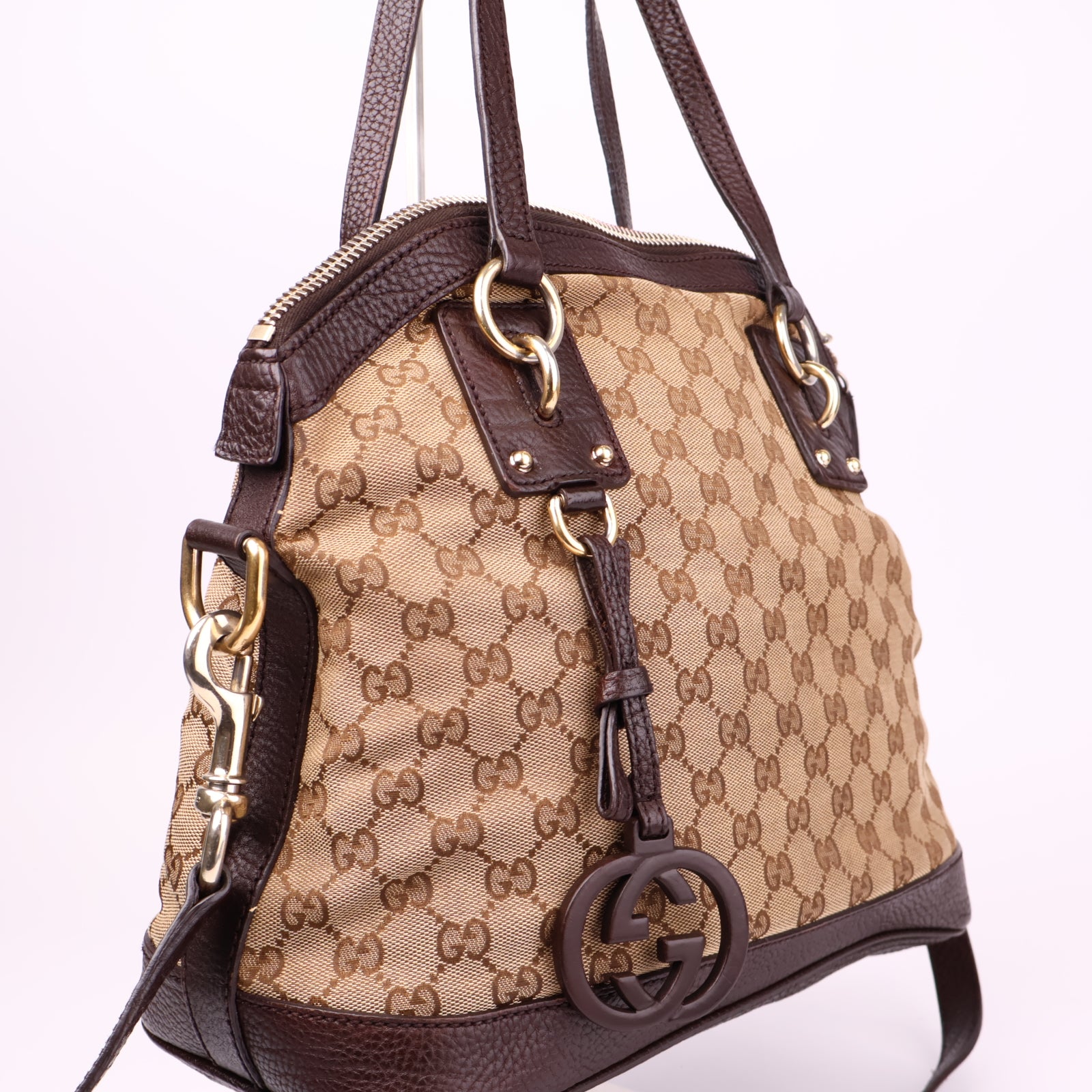 J3634 Gucci Beige/Brown GG Canvas and Leather Charm Satchel- Pre Owned