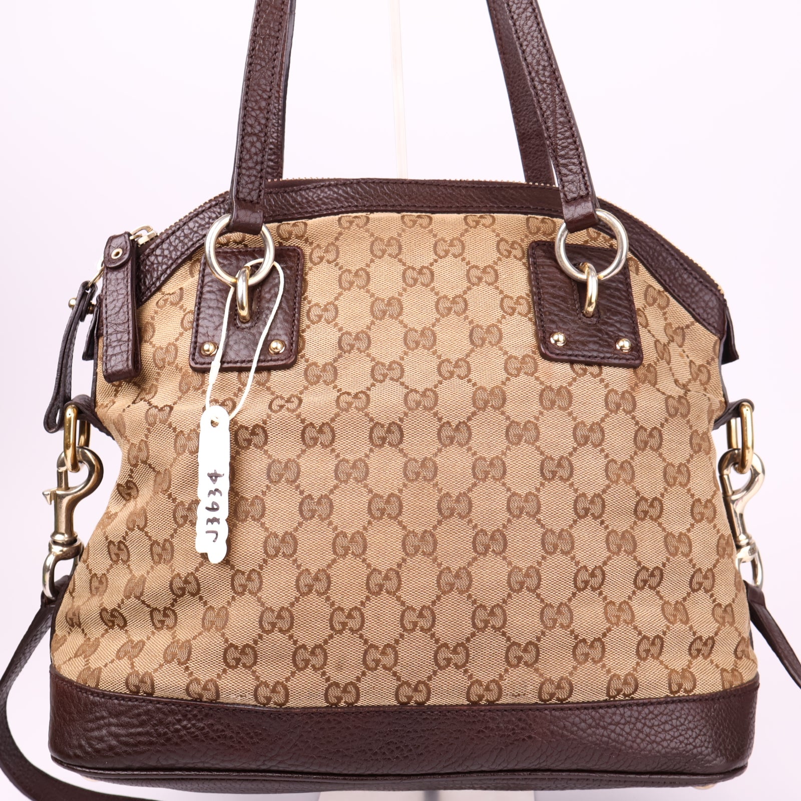 J3634 Gucci Beige/Brown GG Canvas and Leather Charm Satchel- Pre Owned