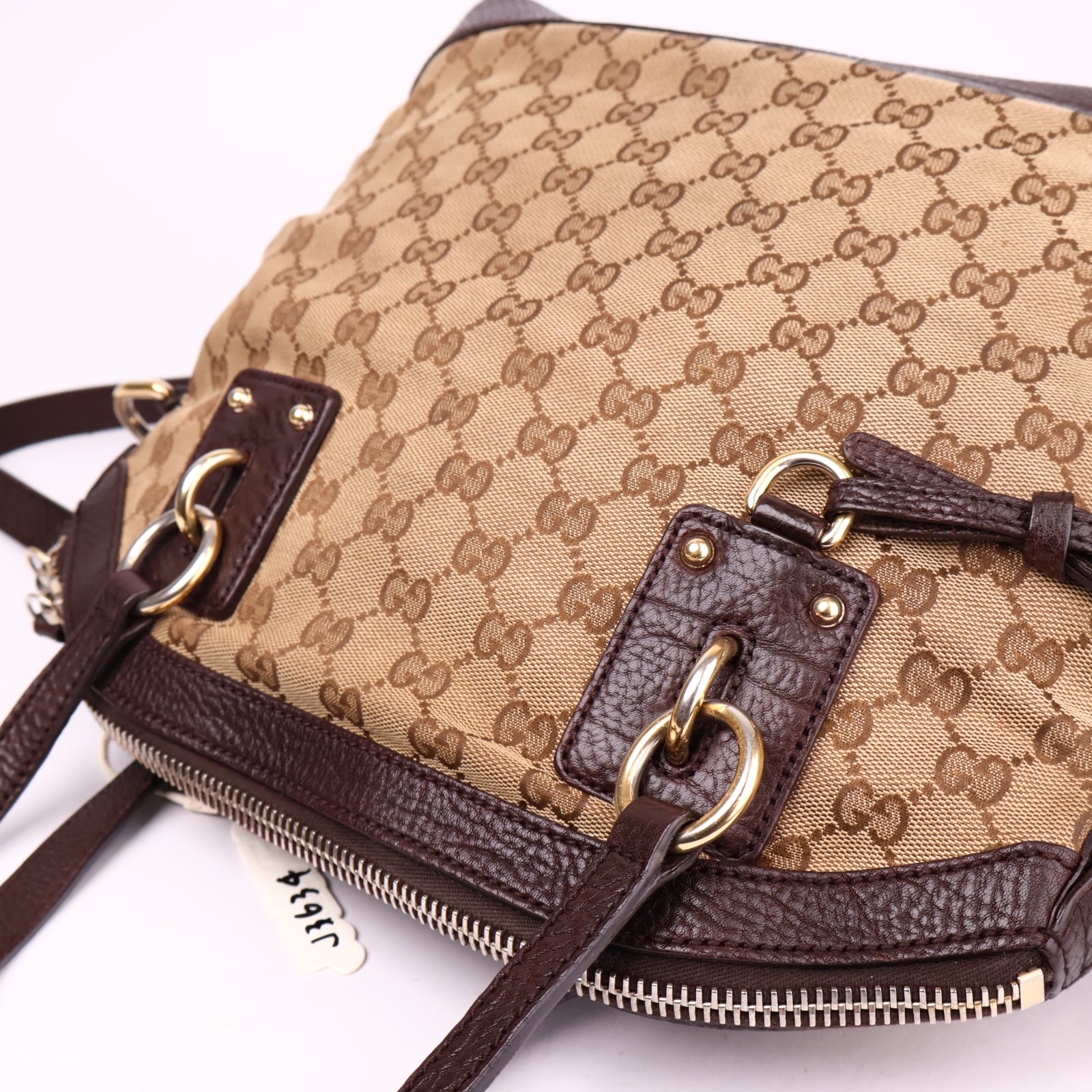 J3634 Gucci Beige/Brown GG Canvas and Leather Charm Satchel- Pre Owned