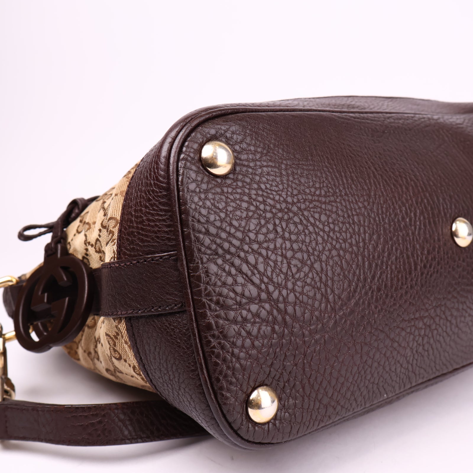 J3634 Gucci Beige/Brown GG Canvas and Leather Charm Satchel- Pre Owned