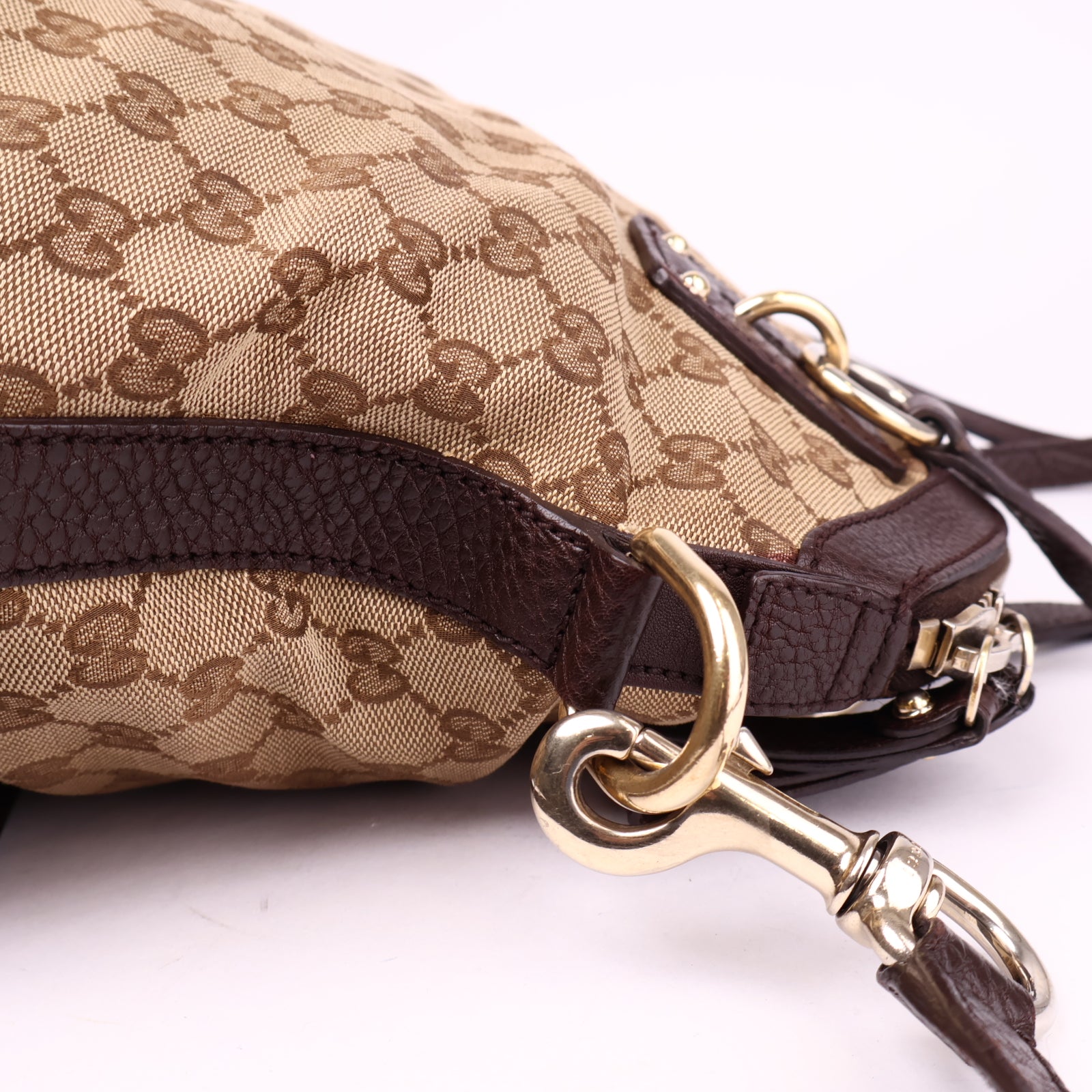J3634 Gucci Beige/Brown GG Canvas and Leather Charm Satchel- Pre Owned