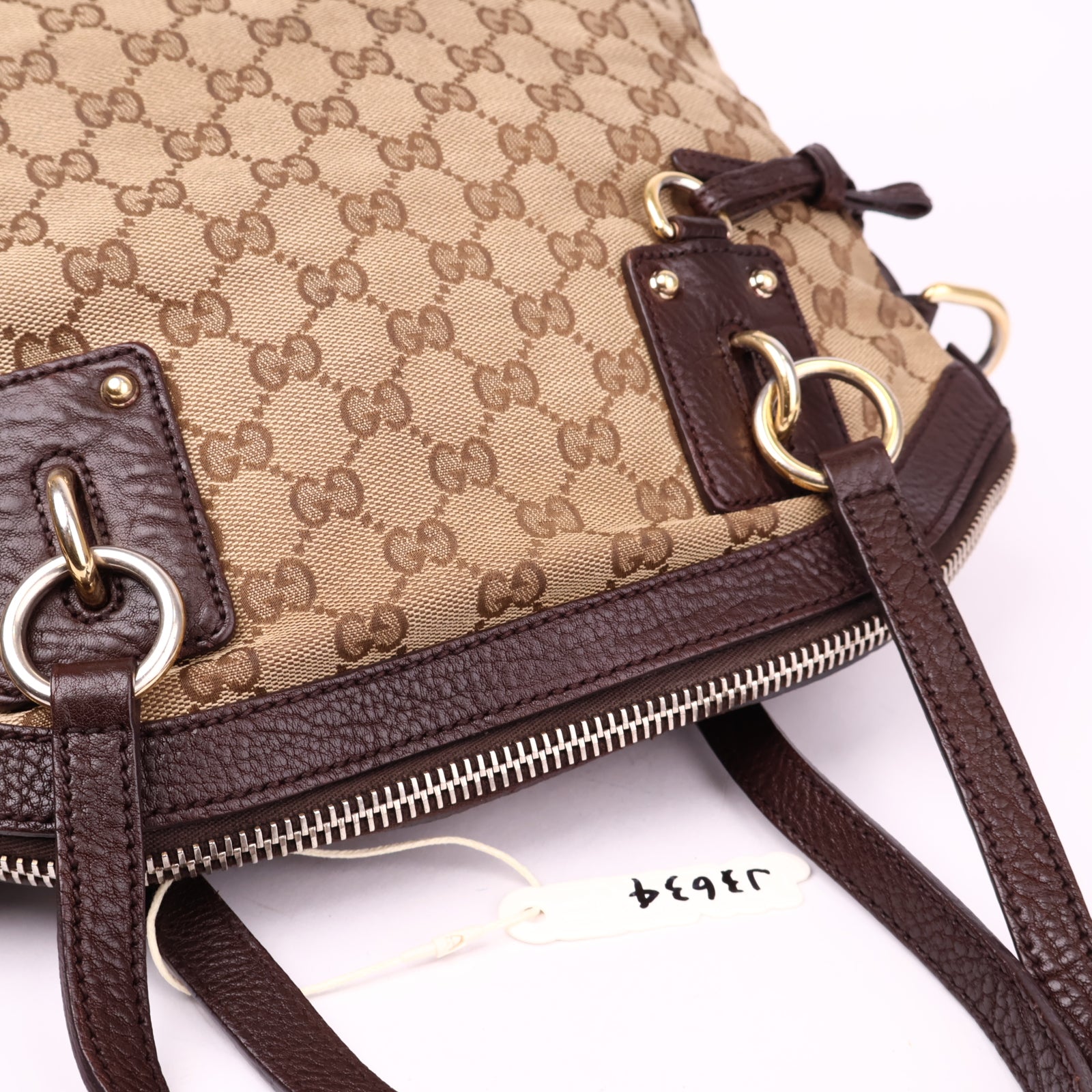 J3634 Gucci Beige/Brown GG Canvas and Leather Charm Satchel- Pre Owned