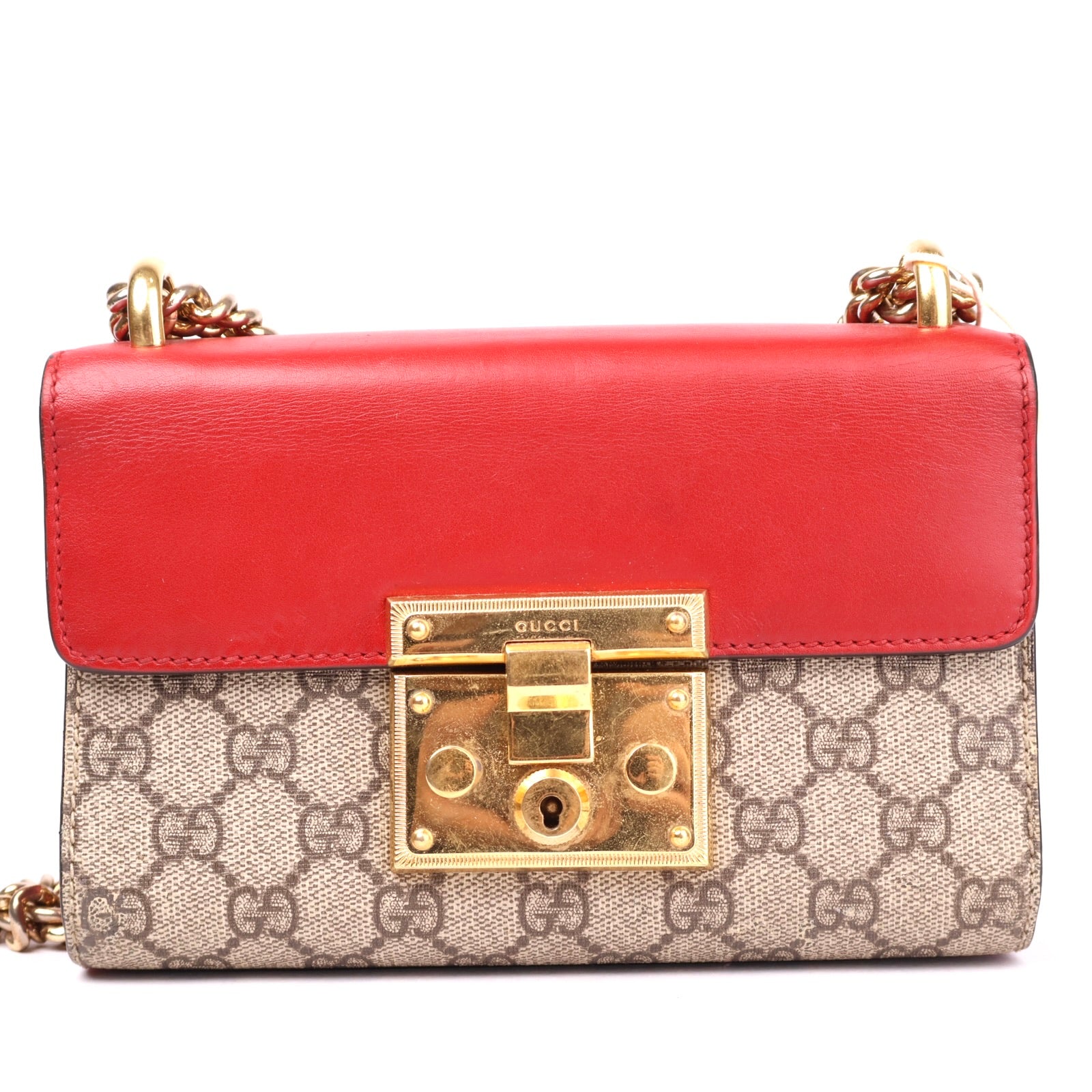 J3646 Gucci GG Supreme Red Pink Moon Calfskin Small Padlock- Pre Owned