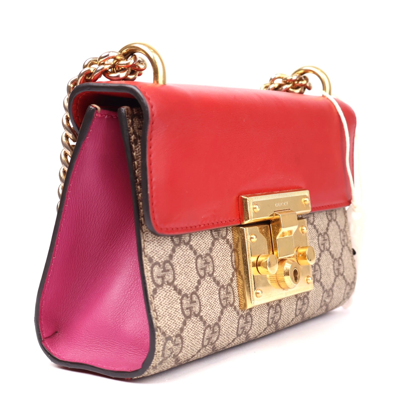 J3646 Gucci GG Supreme Red Pink Moon Calfskin Small Padlock- Pre Owned