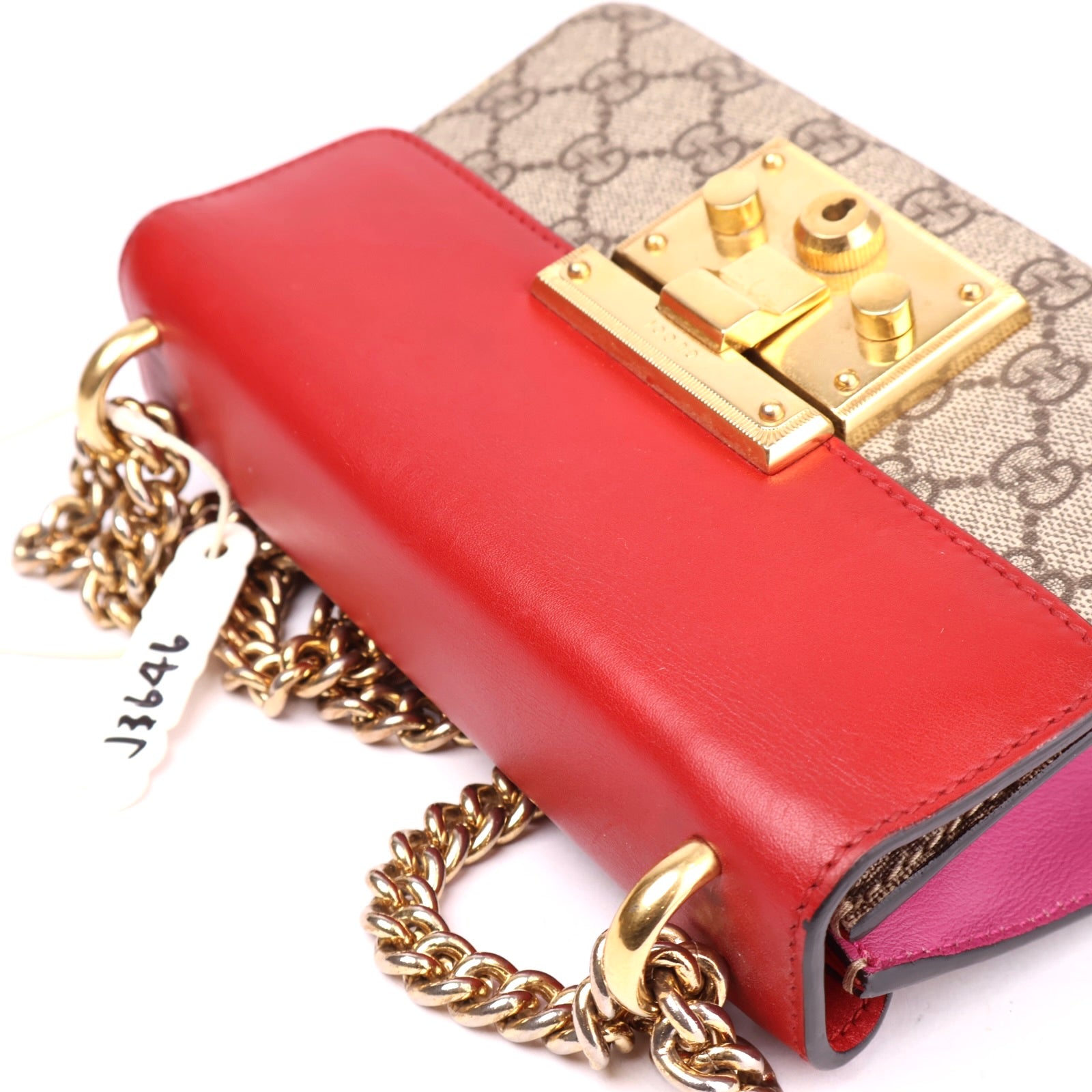 J3646 Gucci GG Supreme Red Pink Moon Calfskin Small Padlock- Pre Owned