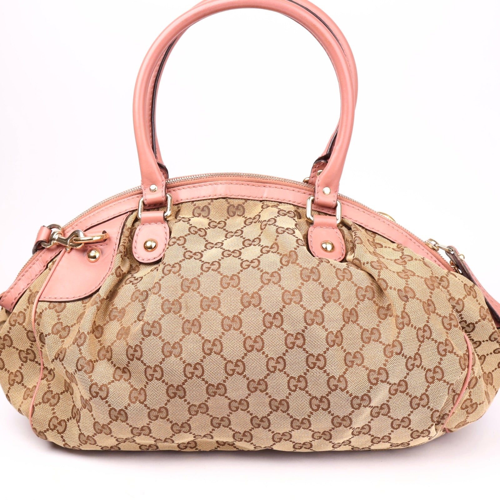 J3638 Gucci GG Canvas Shoulder Bag Brown Pink Leather- Pre Owned