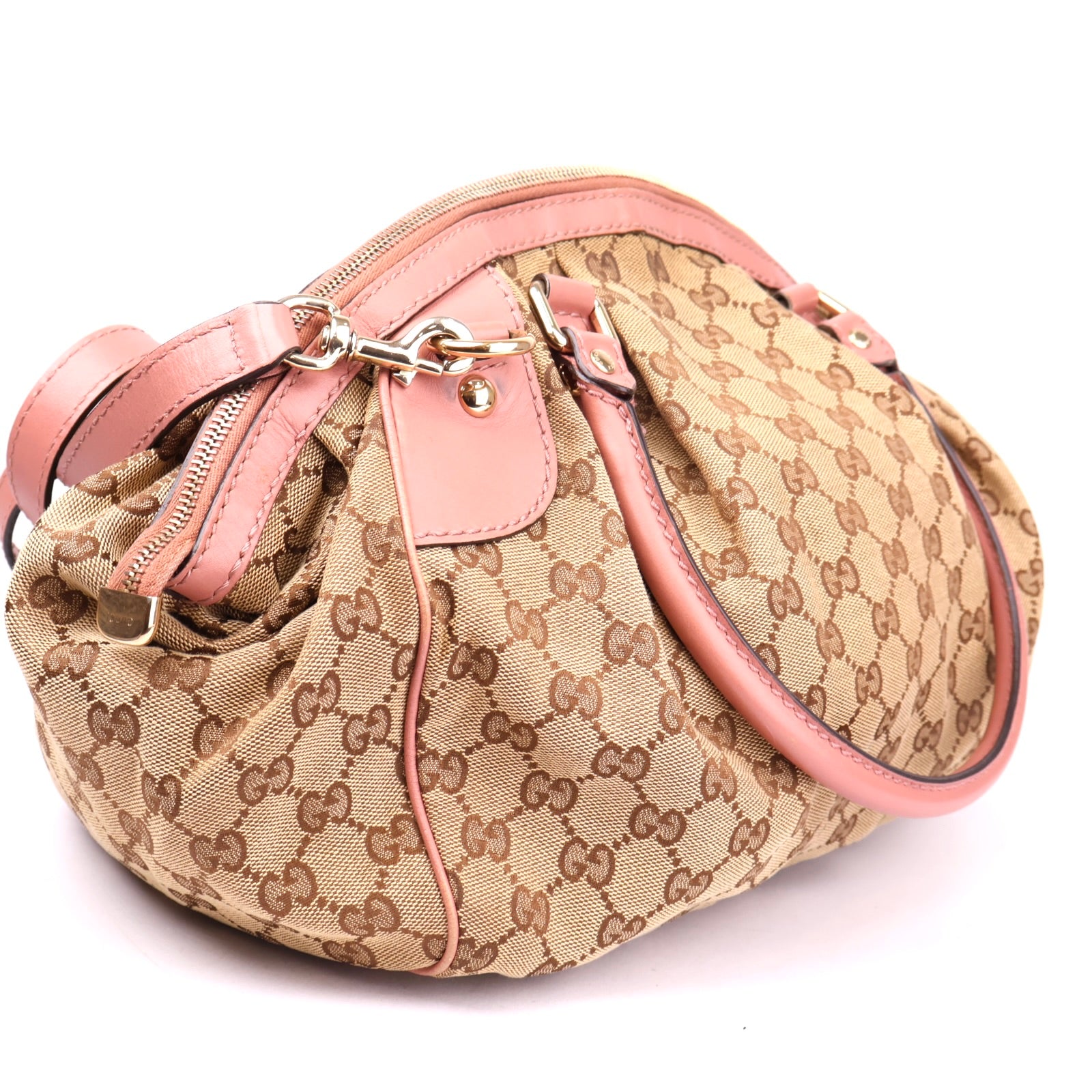 J3638 Gucci GG Canvas Shoulder Bag Brown Pink Leather- Pre Owned