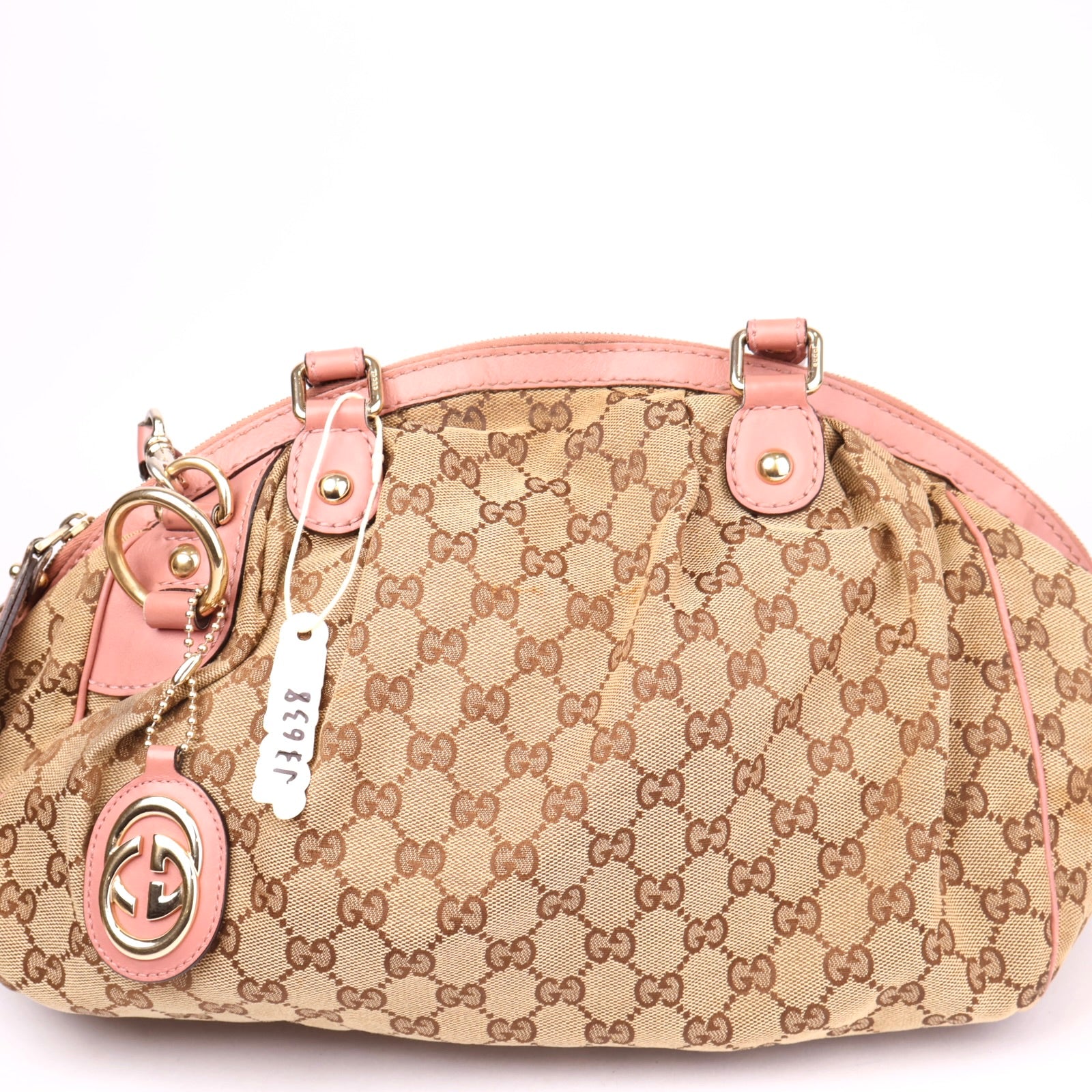J3638 Gucci GG Canvas Shoulder Bag Brown Pink Leather- Pre Owned