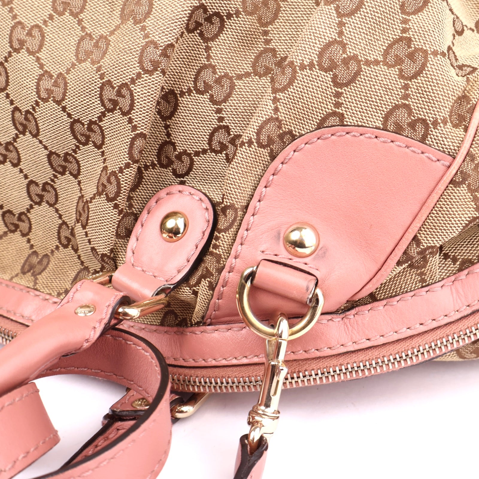 J3638 Gucci GG Canvas Shoulder Bag Brown Pink Leather- Pre Owned