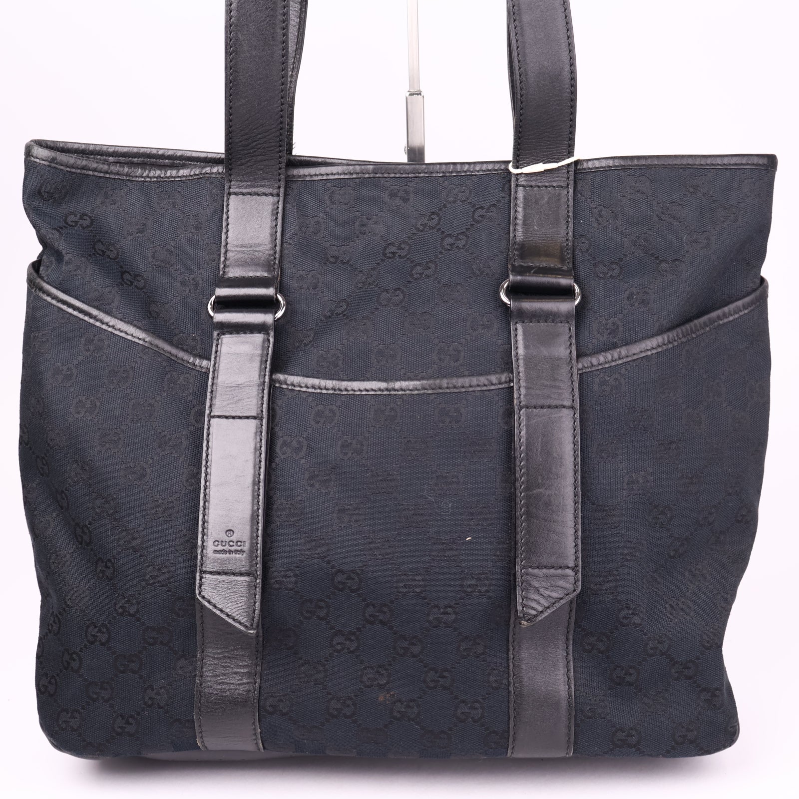 J3624 Gucci Black GG Monogram Canvas Leather Tote Bag- Pre Owned