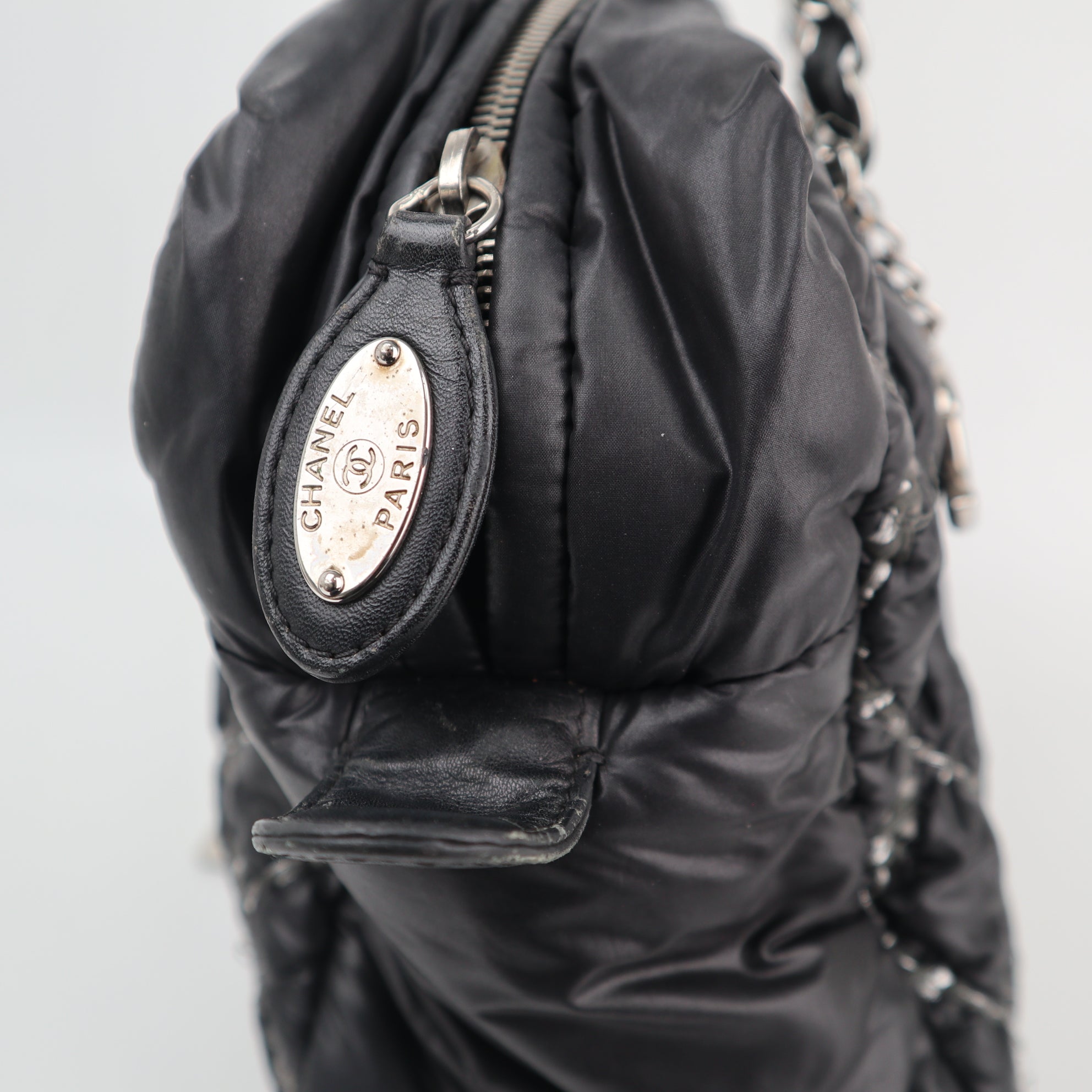 C1924 Chanel Shoulder Bag Nylon Quilted Tweed Stitch Bubble Camera Case Black | Pre-Owned Very Good Black Nylon, Tweed Quilted