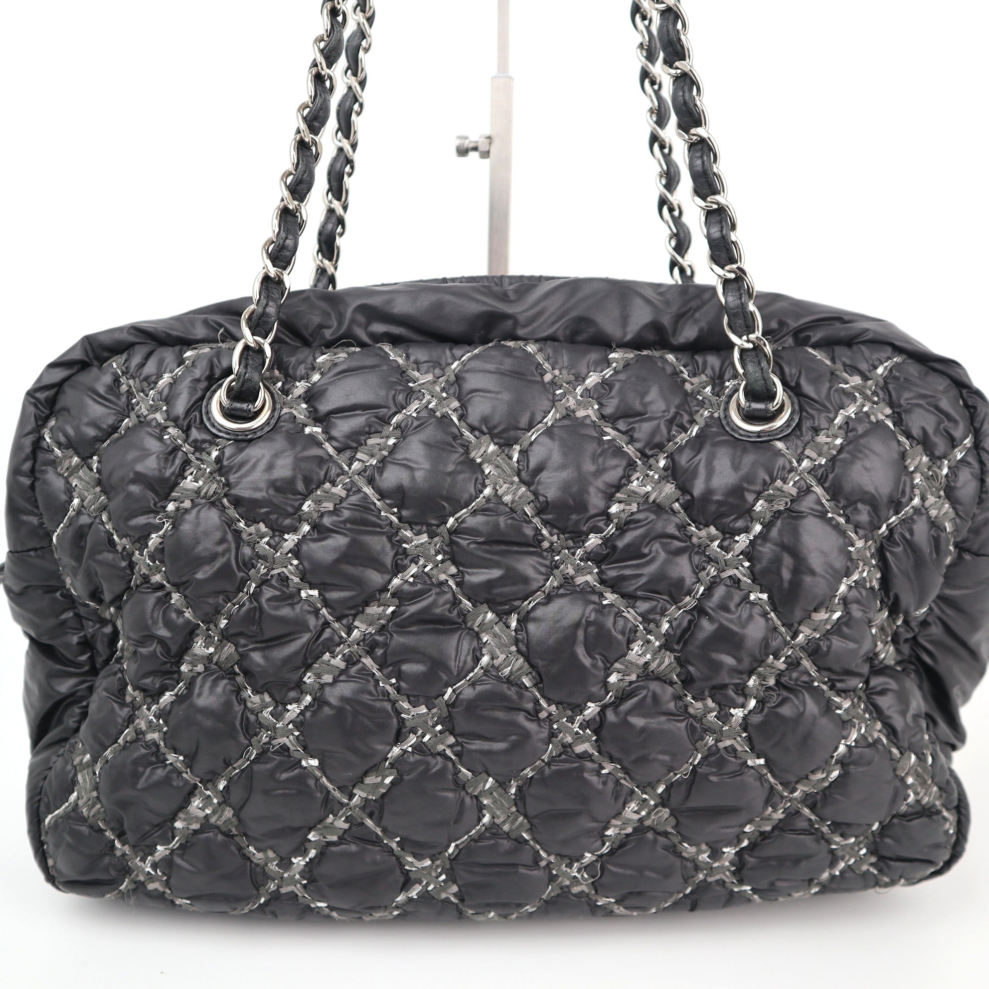 C1924 Chanel Shoulder Bag Nylon Quilted Tweed Stitch Bubble Camera Case Black | Pre-Owned Very Good Black Nylon, Tweed Quilted