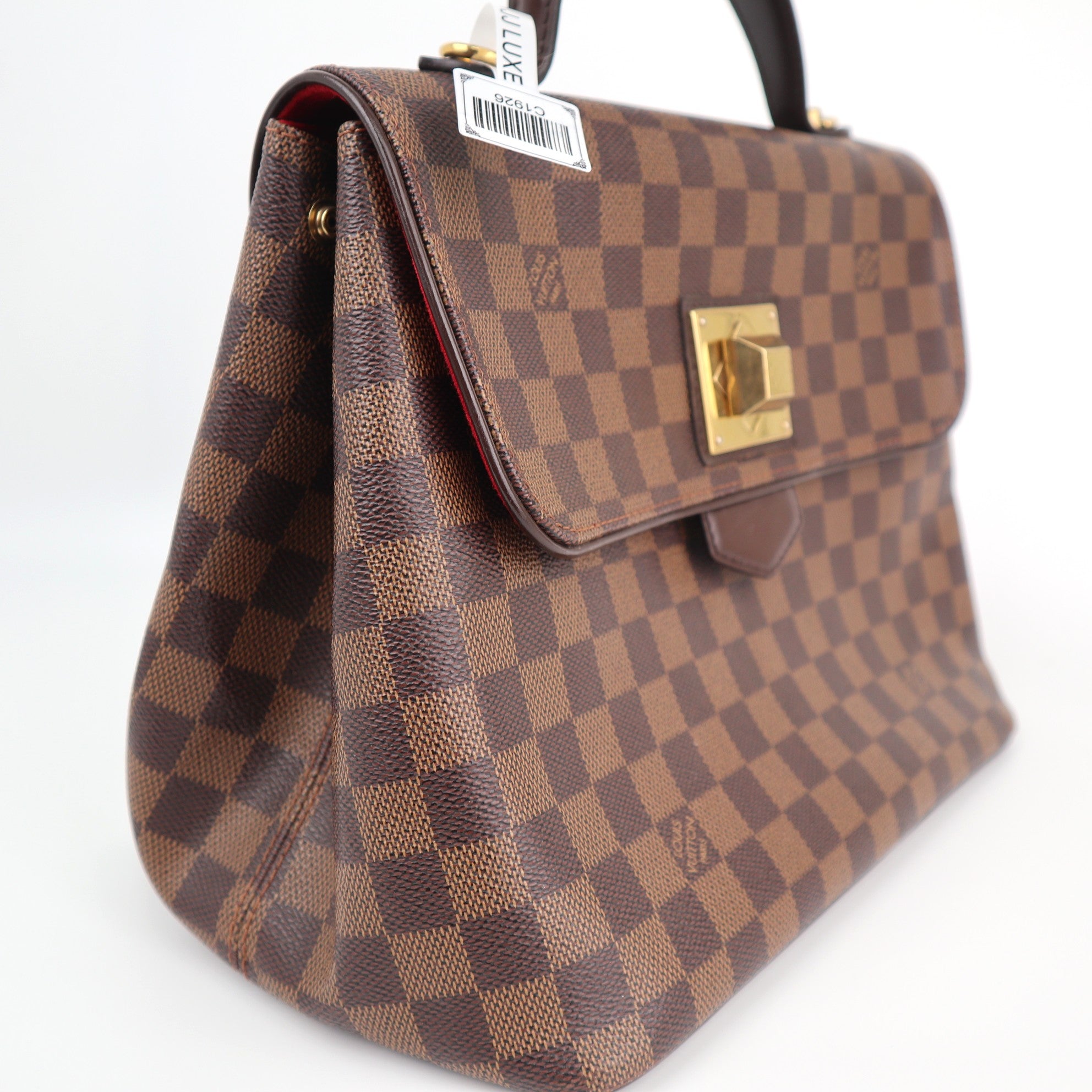 C1926 Louis Vuitton Top Handle Bag Damier Ebene Bergamo MM | Pre-Owned Excellent Brown Canvas Damier Ebene