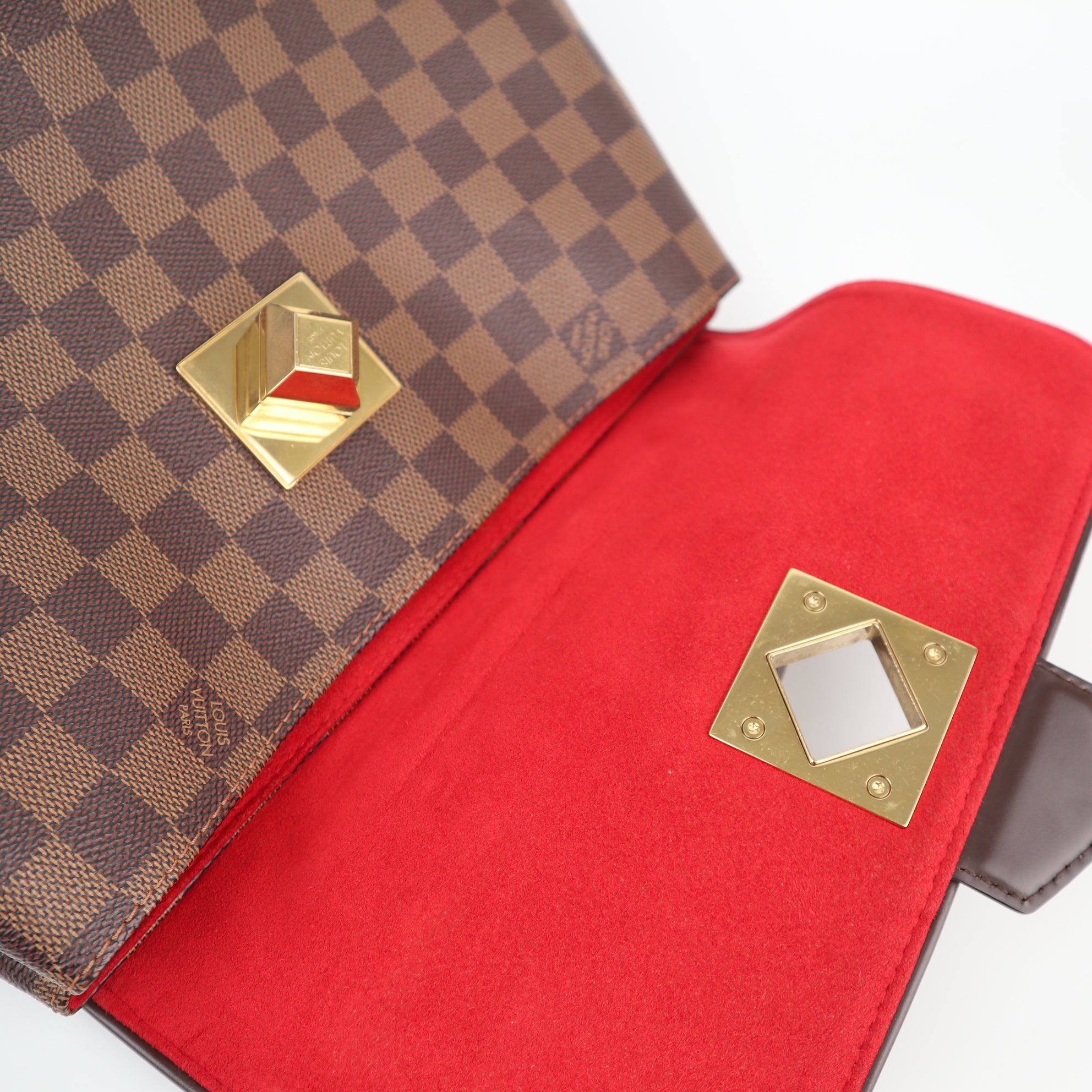 C1926 Louis Vuitton Top Handle Bag Damier Ebene Bergamo MM | Pre-Owned Excellent Brown Canvas Damier Ebene