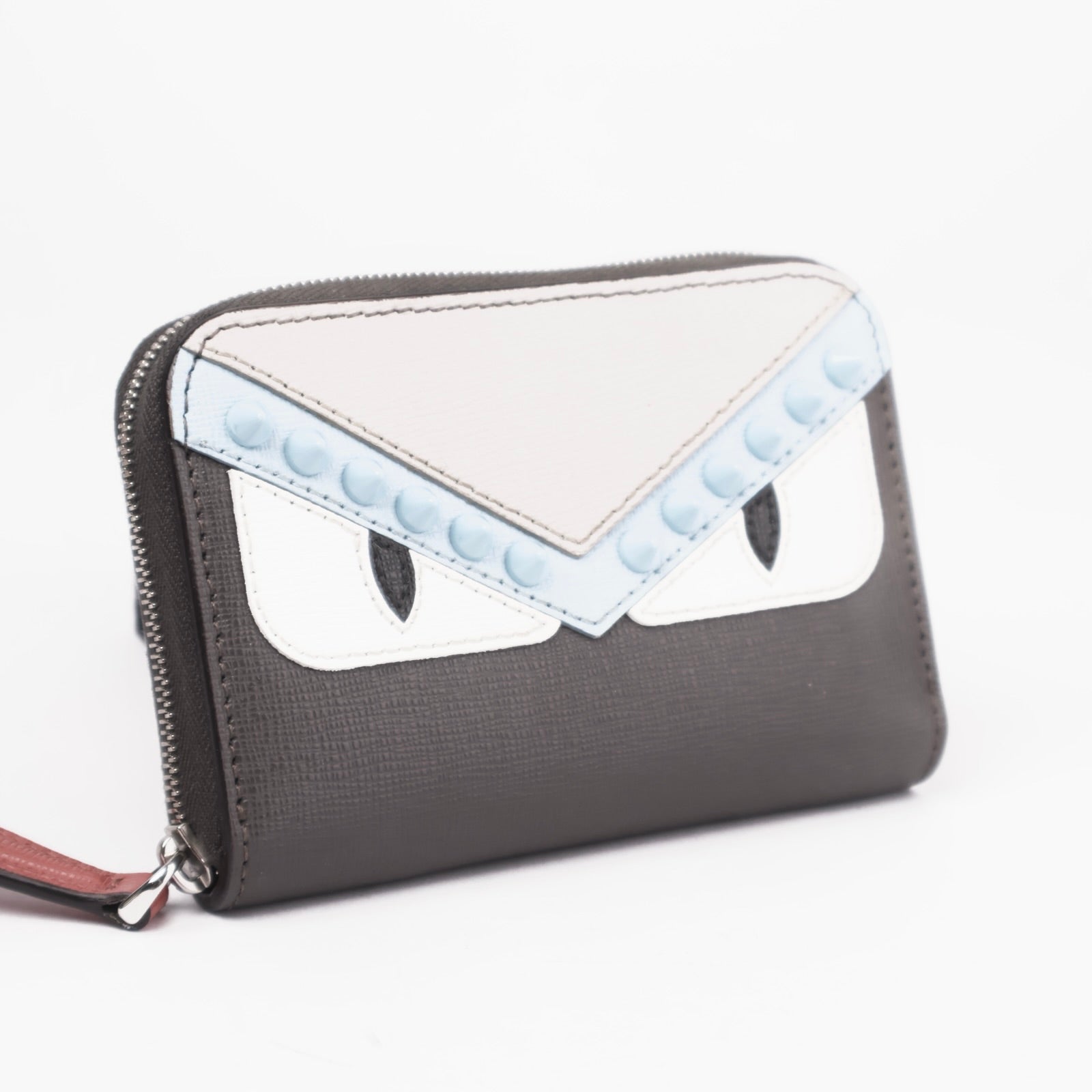 J3665-FENDI Carbon Vitello Elite Leather Monster Eyes Zip Around Mini Wallet- Pre Owned