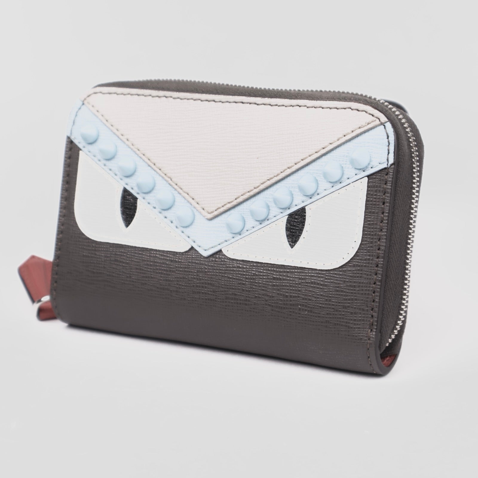J3665-FENDI Carbon Vitello Elite Leather Monster Eyes Zip Around Mini Wallet- Pre Owned