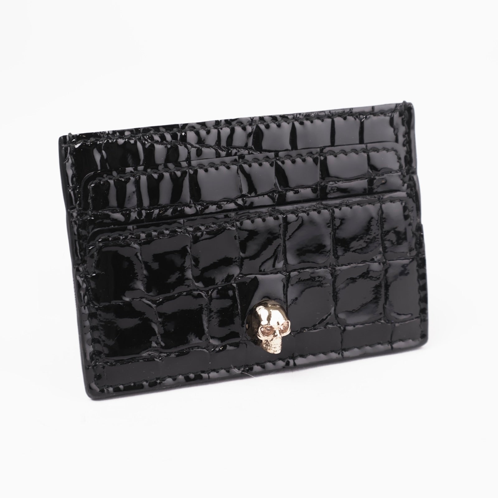 J3659-ALEXANDER MCQUEEN Black skull-embellished leather card holder- Pre Owned