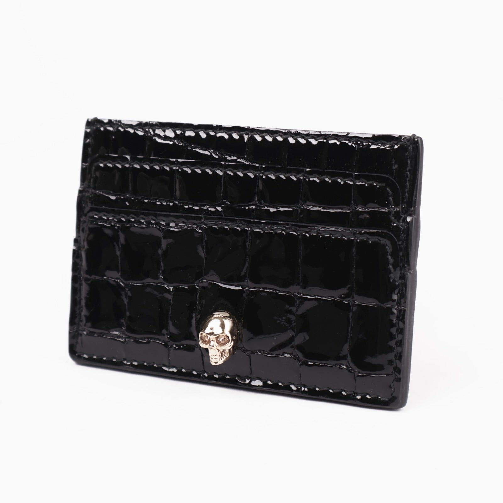 J3659-ALEXANDER MCQUEEN Black skull-embellished leather card holder- Pre Owned
