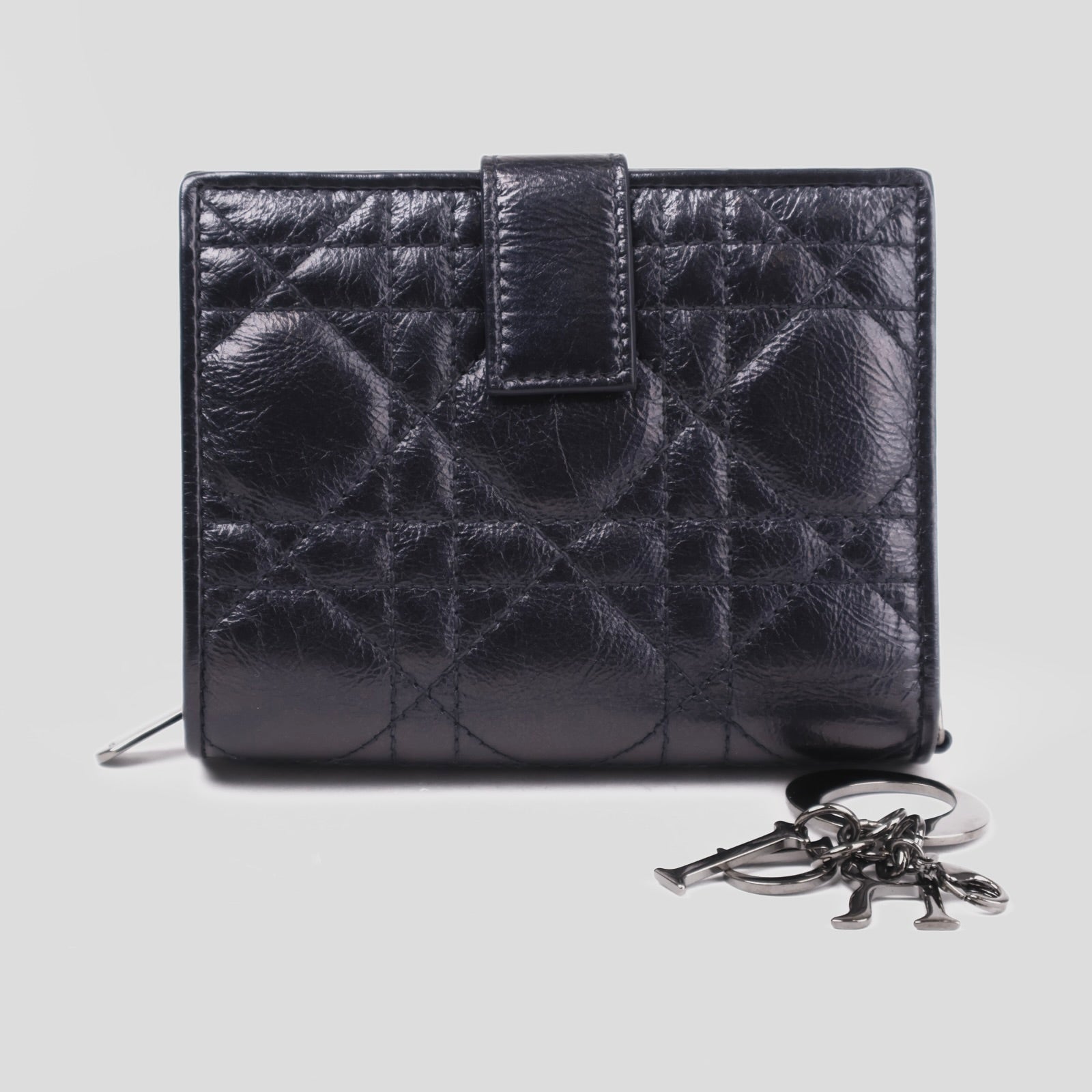 J3669-Dior Metallic Midnight Blue Cannage Quilted Leather Compact French Wallet- Pre Owned